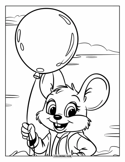 Coloriage de souris pour enfants : Une souris souriante avec un ballon flotte sous un ciel nuageux
