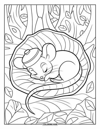 Coloriage de souris pour enfants : Une petite souris chapeautée fait une sieste paisible dans un lit de feuilles parmi les arbres feuillus
