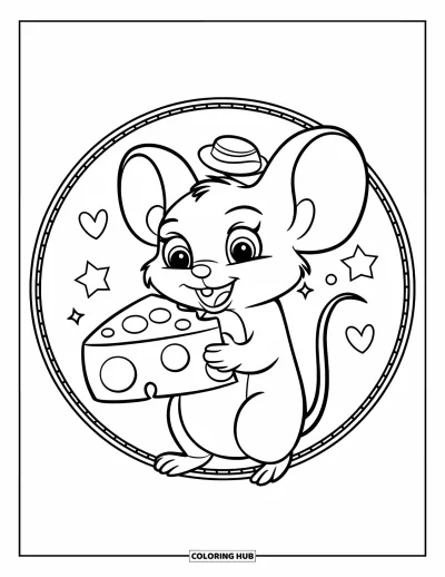 Coloriage de souris pour enfants : Une petite souris tient un grand morceau de fromage avec des cœurs et des étoiles qui flottent autour