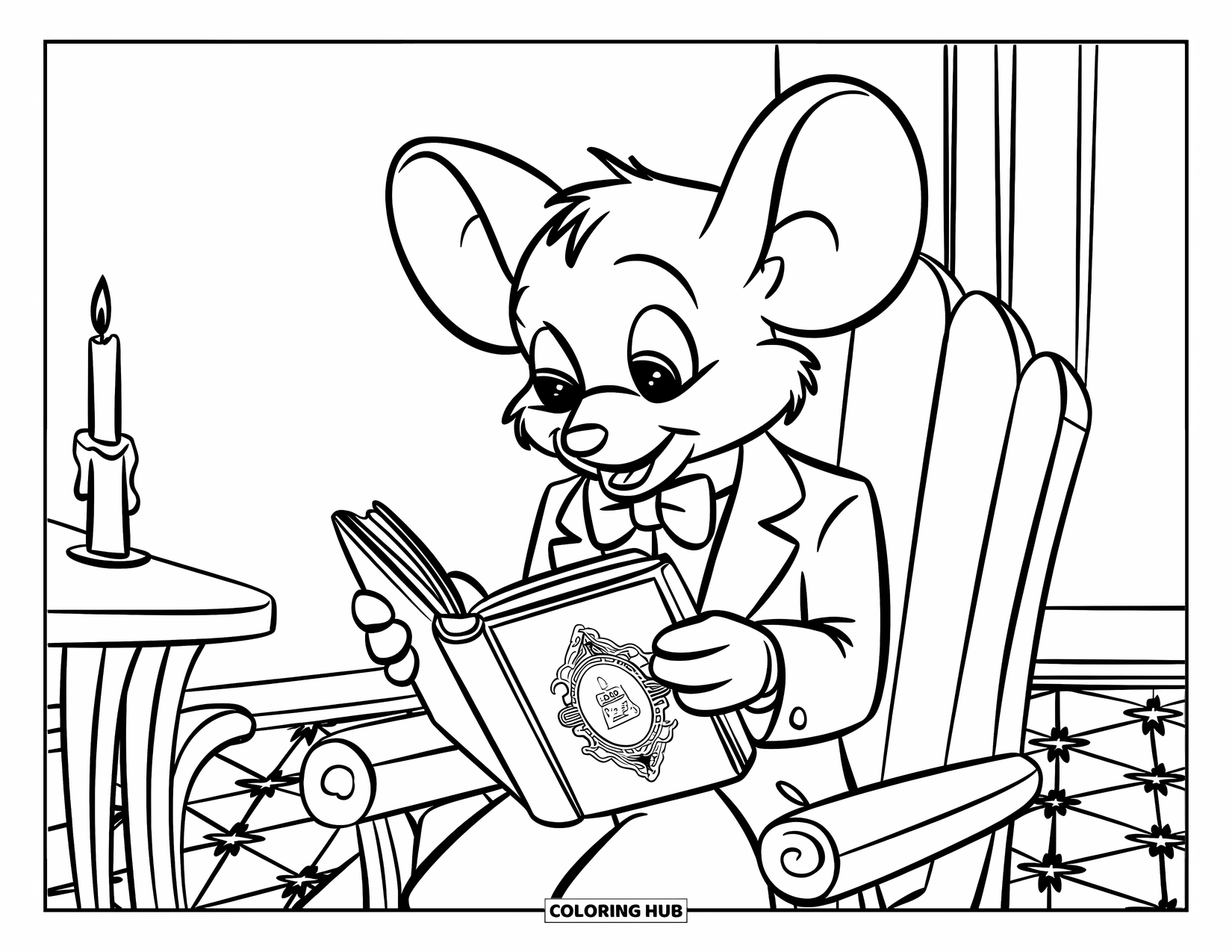 Mouse Coloring Page for Kids: A tuxedo-wearing mouse reads on a chair with a candle by his side