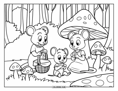 Coloriage de souris pour enfants : Trois souris font un pique-nique dans la forêt près de champignons et de grands arbres