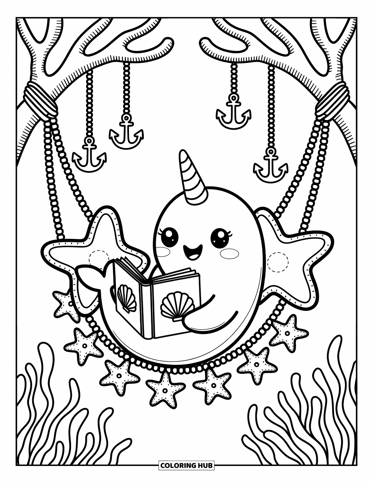Narwhal Coloring Page for Adults: A cozy narwhal reads in a seaweed hammock between coral branches with dangling charms