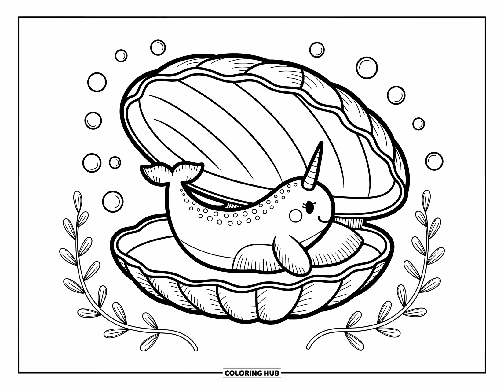 Narwhal Coloring Page for Adults: A cozy narwhal rests in an open clam shell with tiny banners and leafy sea plants