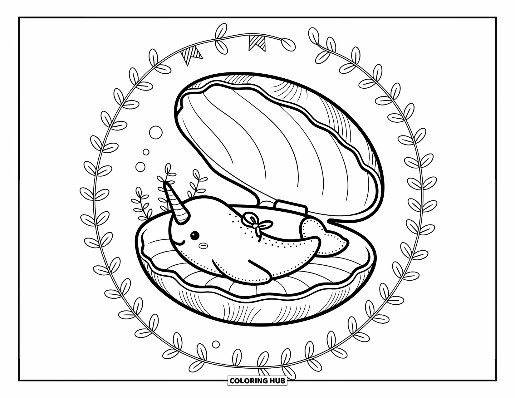Narwhal Coloring Page for Adults: A cuddly narwhal floats in a clamshell bed surrounded by sea art and twirling vines