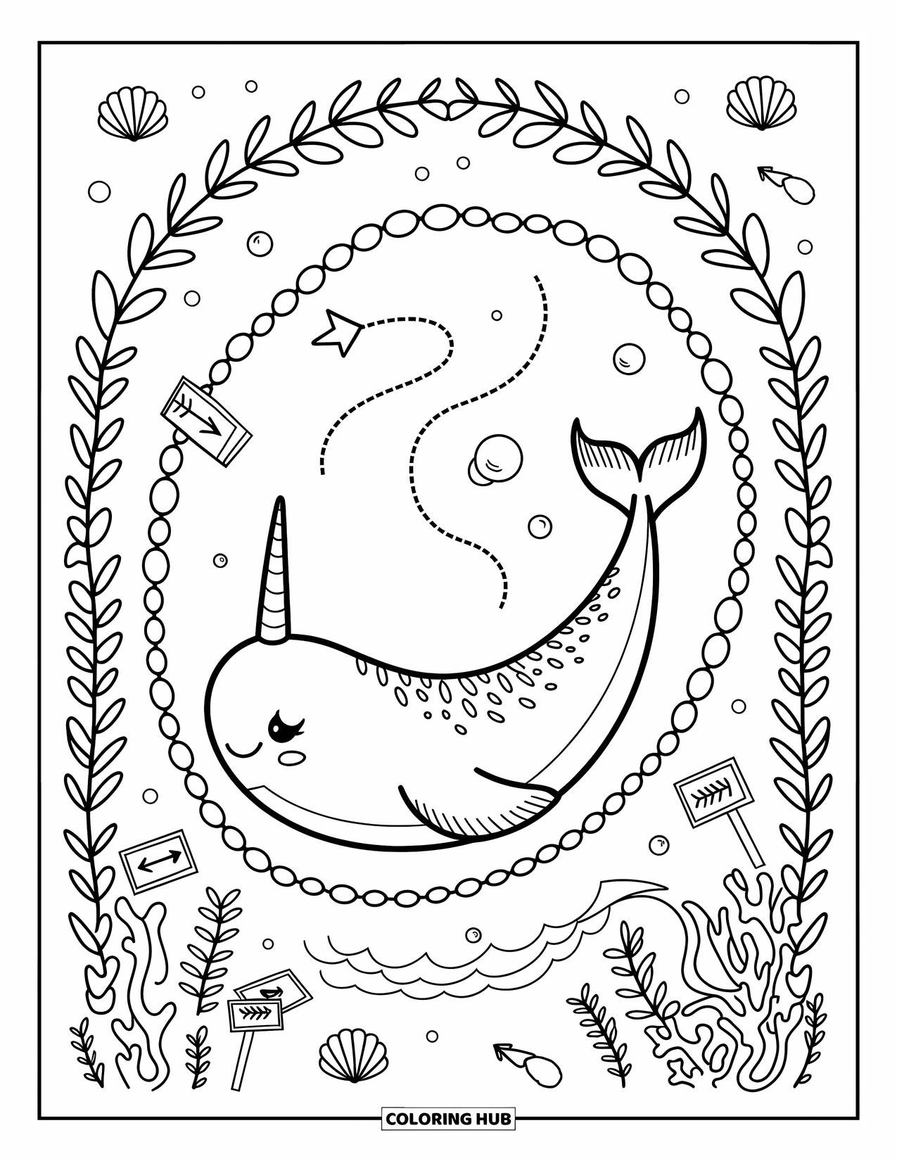 Narwhal Coloring Page for Adults: A happy narwhal swirls through coral arches with bubbles and playful sea signs
