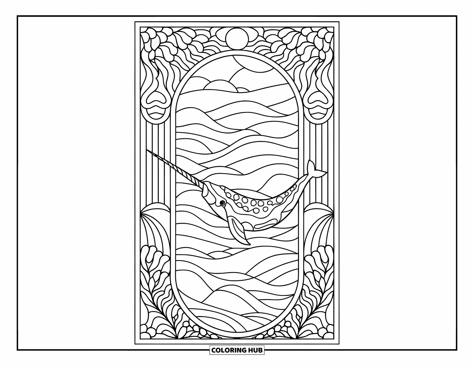 Narwhal Coloring Page for Adults: A narwhal floats in a stained glass frame with sea plants and soft ocean waves