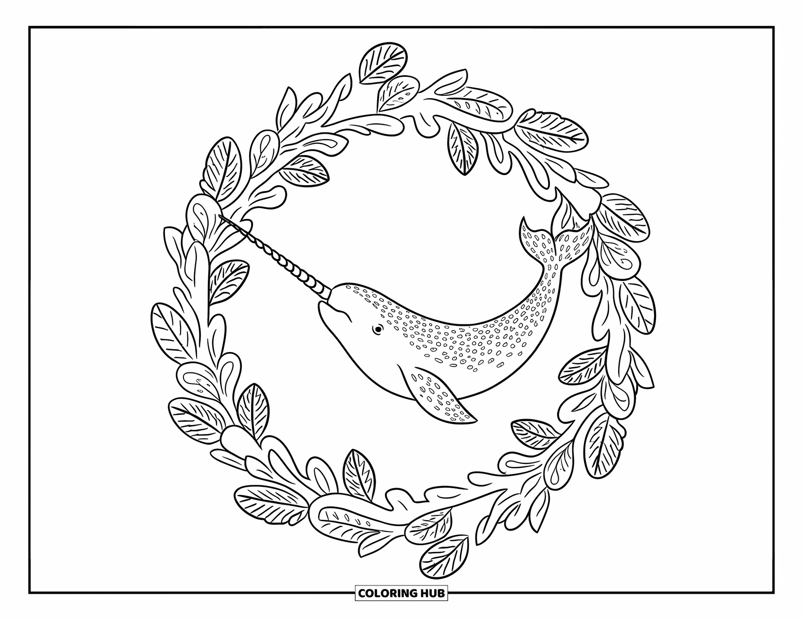 Narwhal Coloring Page for Adults: A narwhal floats through a floral coral ring with its spiral tusk on display