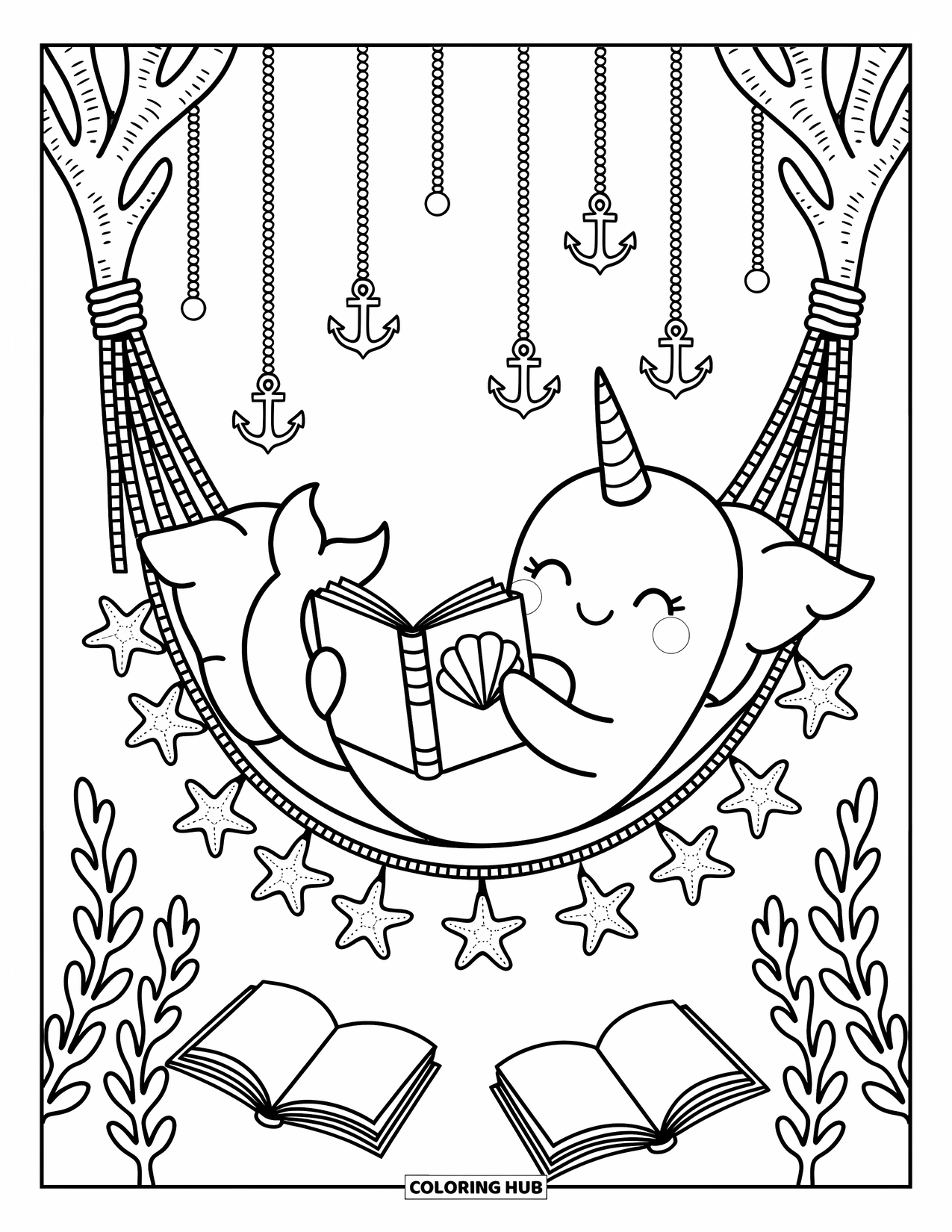 Narwhal Coloring Page for Adults: A narwhal reads in a hammock strung between coral, surrounded by sea plants and pearls
