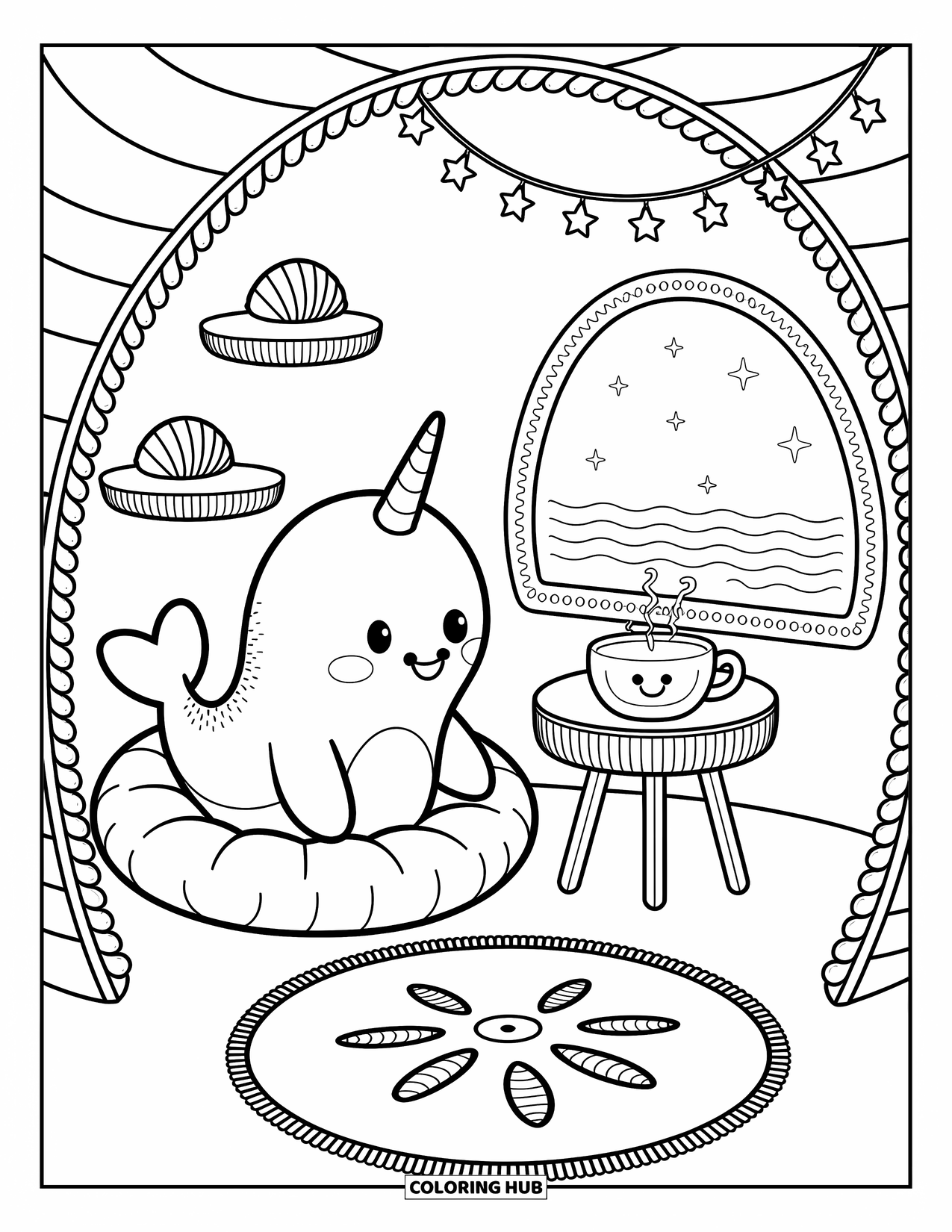 Narwhal Coloring Page for Adults: A narwhal sips a warm drink in a kelp house lit with star string lights