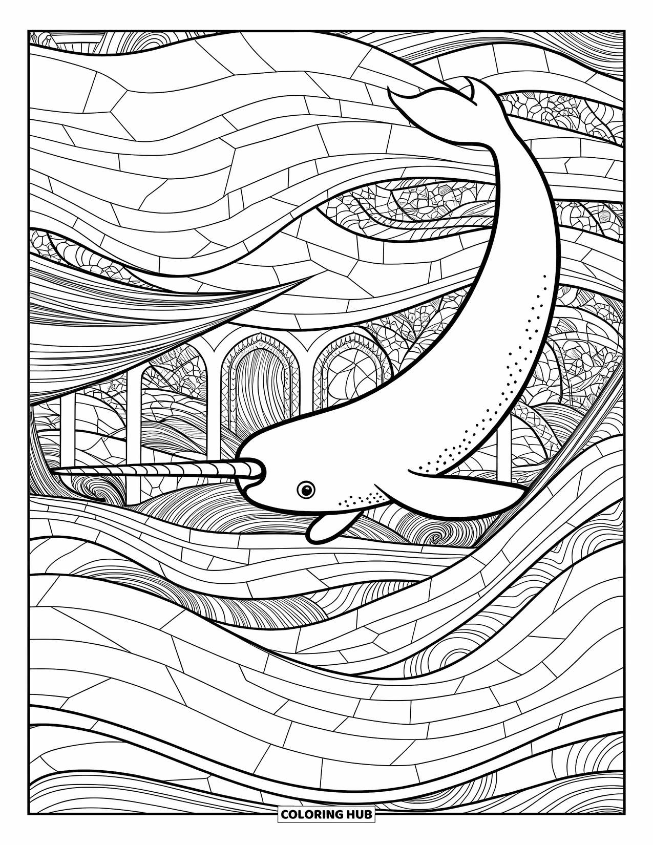 Narwhal Coloring Page for Adults: A narwhal swims through stained glass waves and underwater arches