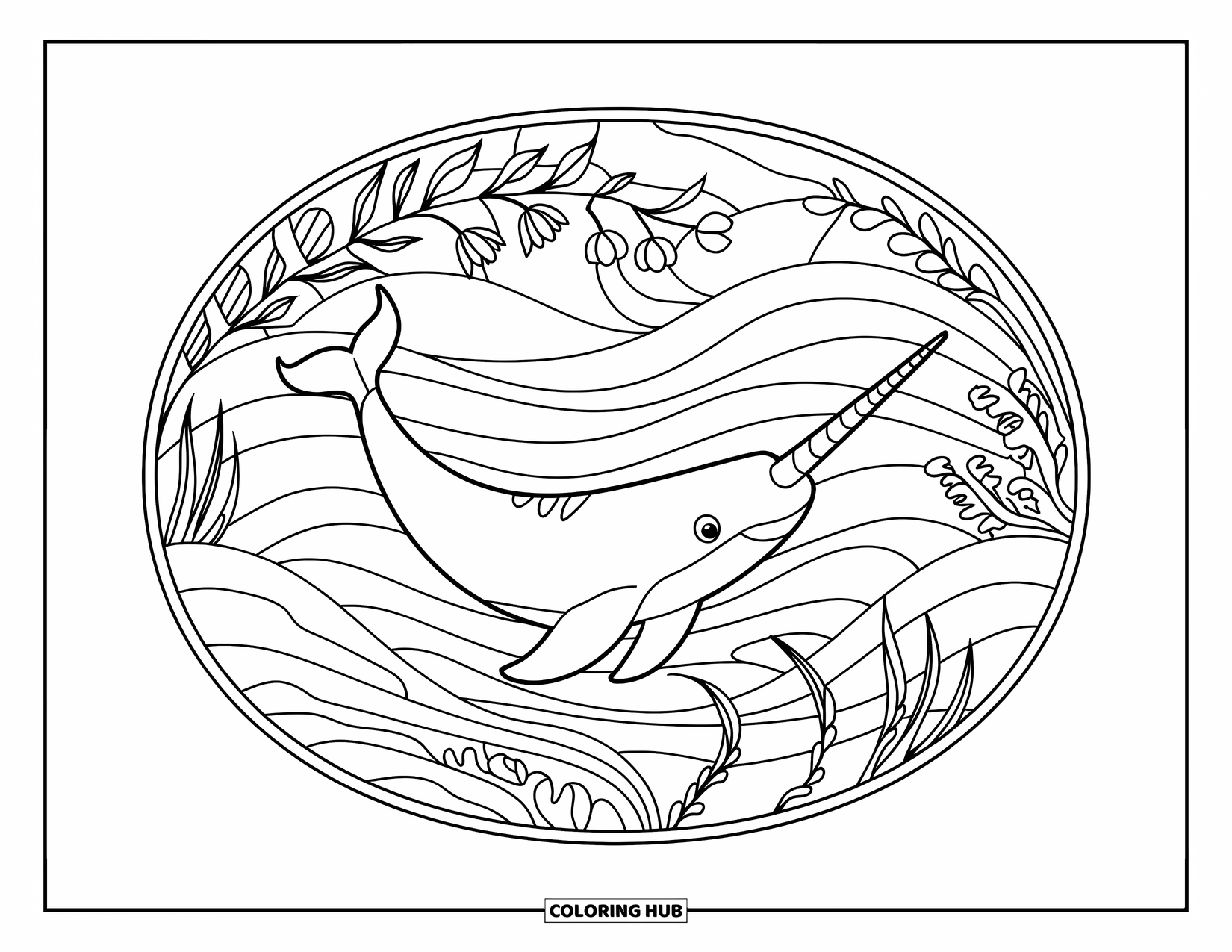 Narwhal Coloring Page for Adults: A narwhal with a curved tusk swims through a floral stained glass sea design