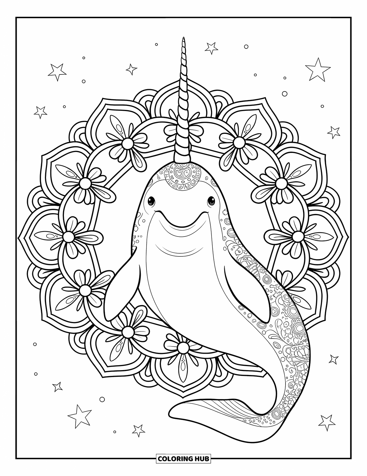 Narwhal Coloring Page for Adults: A narwhal with a spiraled tusk is framed by a circular mandala of sea flowers