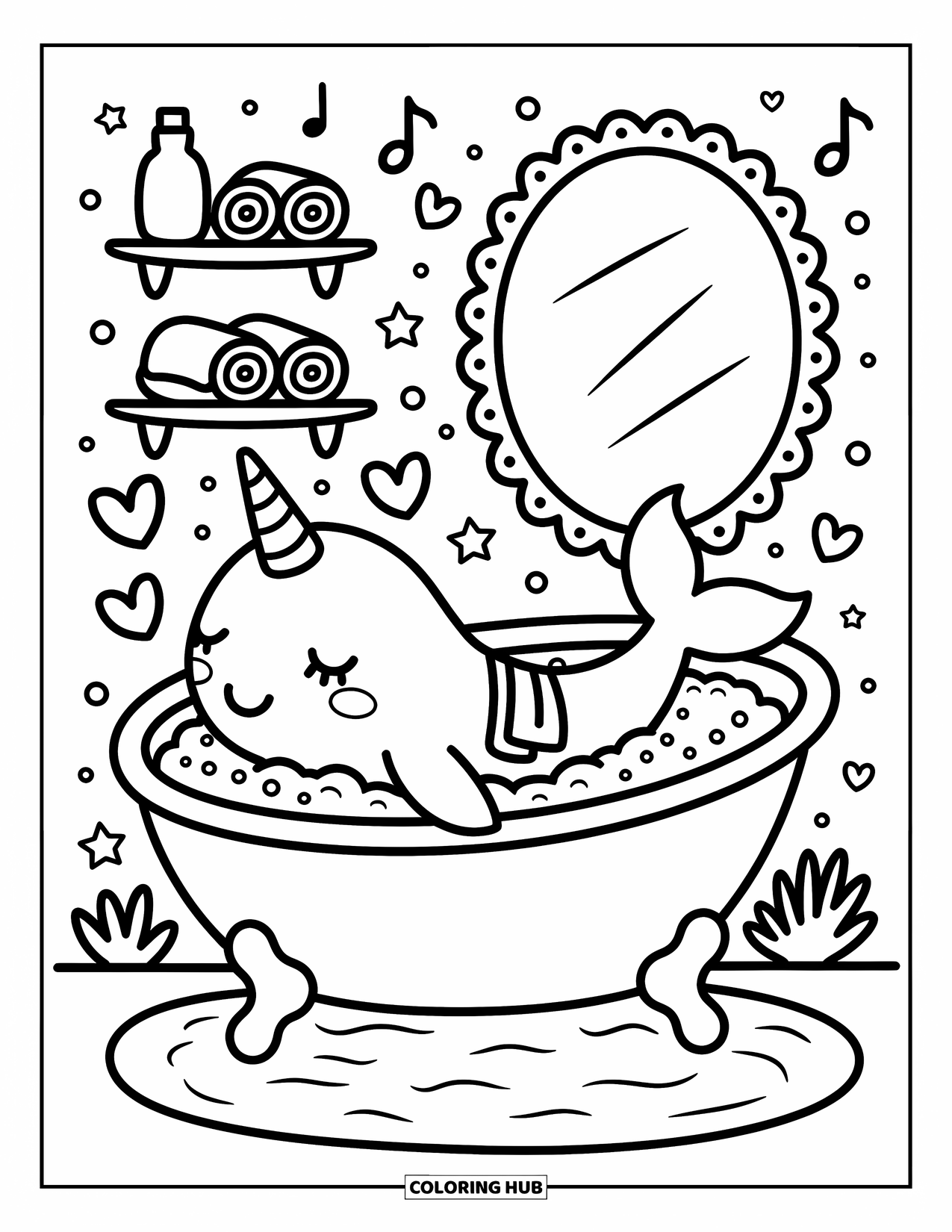 Narwhal Coloring Page for Adults: A peaceful narwhal soaks in a shell tub with bubbly water and cute sea-themed bottles