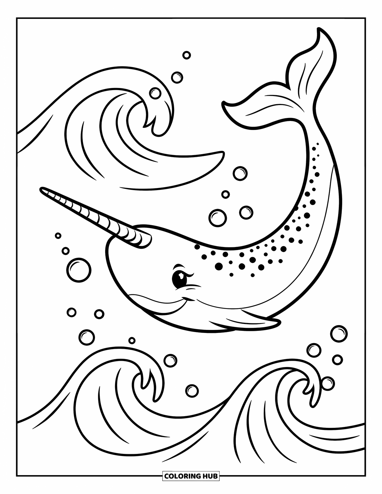 Narwhal Coloring Page for Kids: A big narwhal glides past three cresting waves with bubbles along the sea
