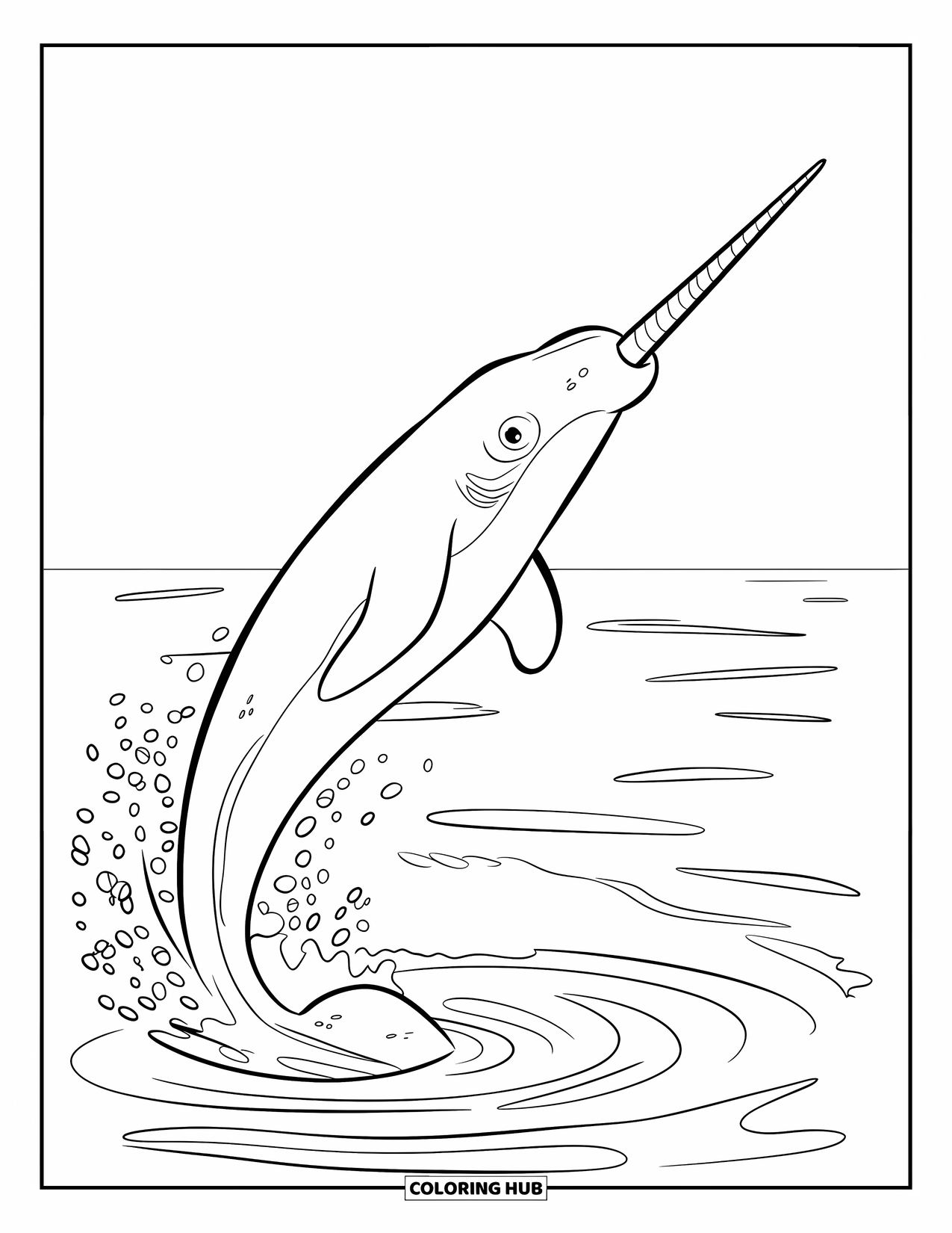 Narwhal Coloring Page for Kids: A bold narwhal leaps into the air with waves swirling under its tusk