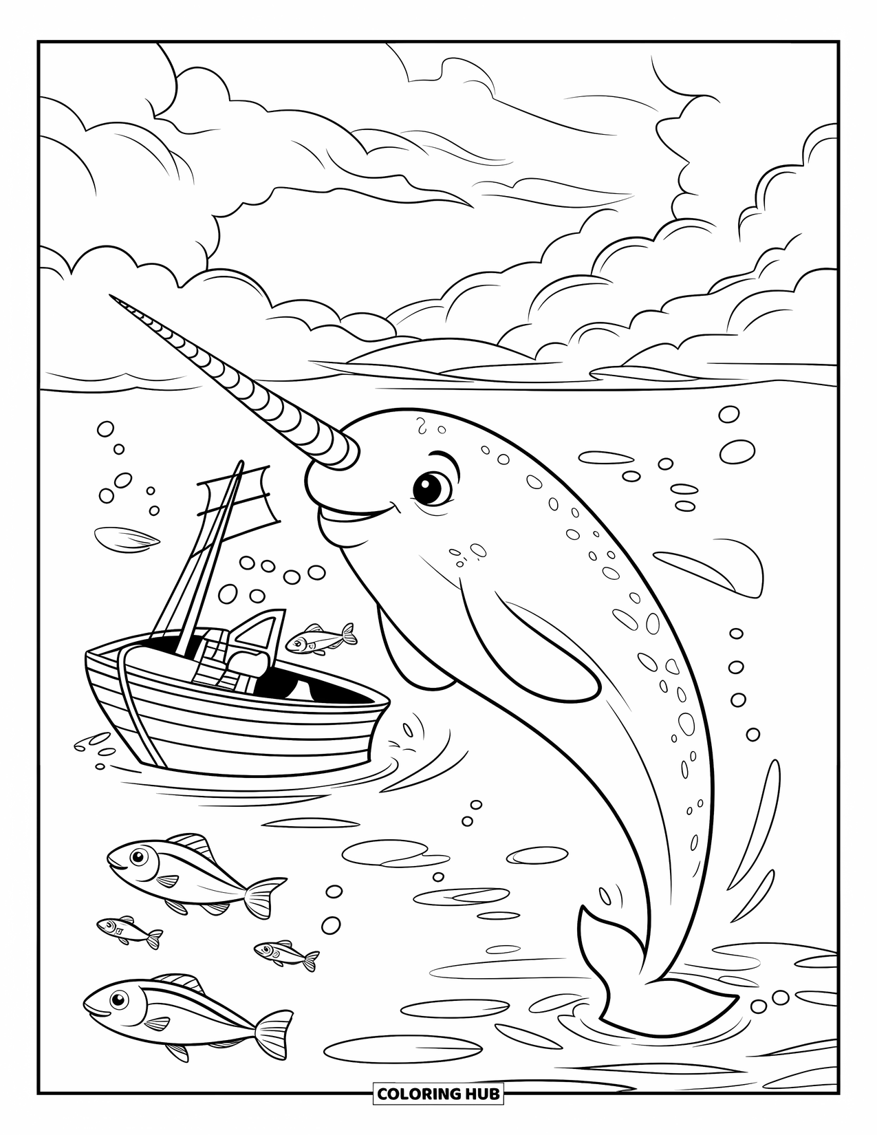 Narwhal Coloring Page for Kids: A curious narwhal explores near a shipwreck with fish swimming all around