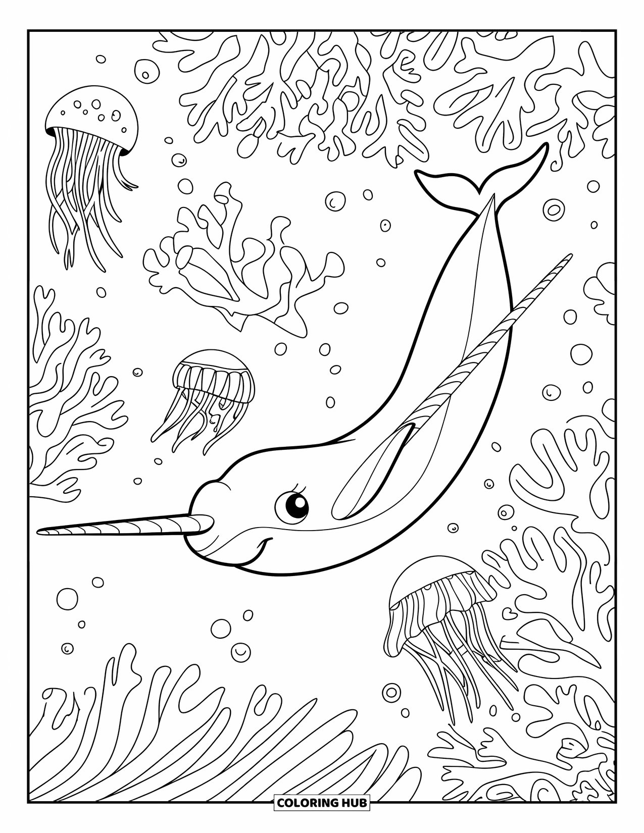 Narwhal Coloring Page for Kids: A graceful narwhal weaves through coral as jellyfish float gently above