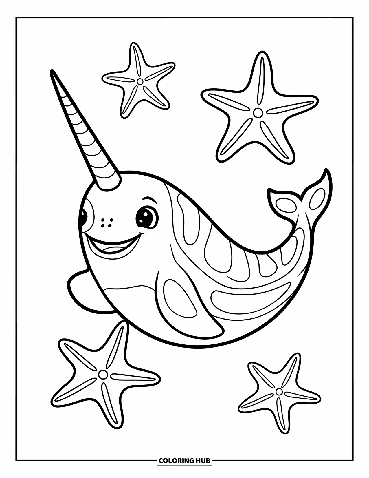 Narwhal Coloring Page for Kids: A happy narwhal swims with three starfish floating nearby in a simple ocean scene