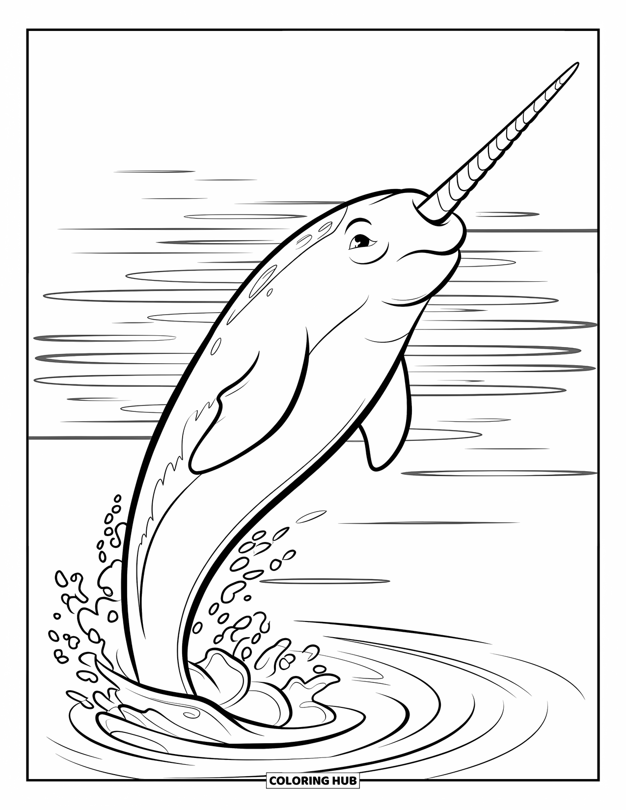 Narwhal Coloring Page for Kids: A leaping narwhal bursts from calm waters with waves curling behind its spiral tusk