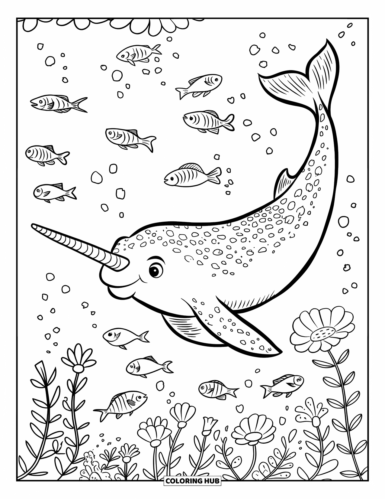 Narwhal Coloring Page for Kids: A narwhal glides among bright reef fish and soft floating flowers