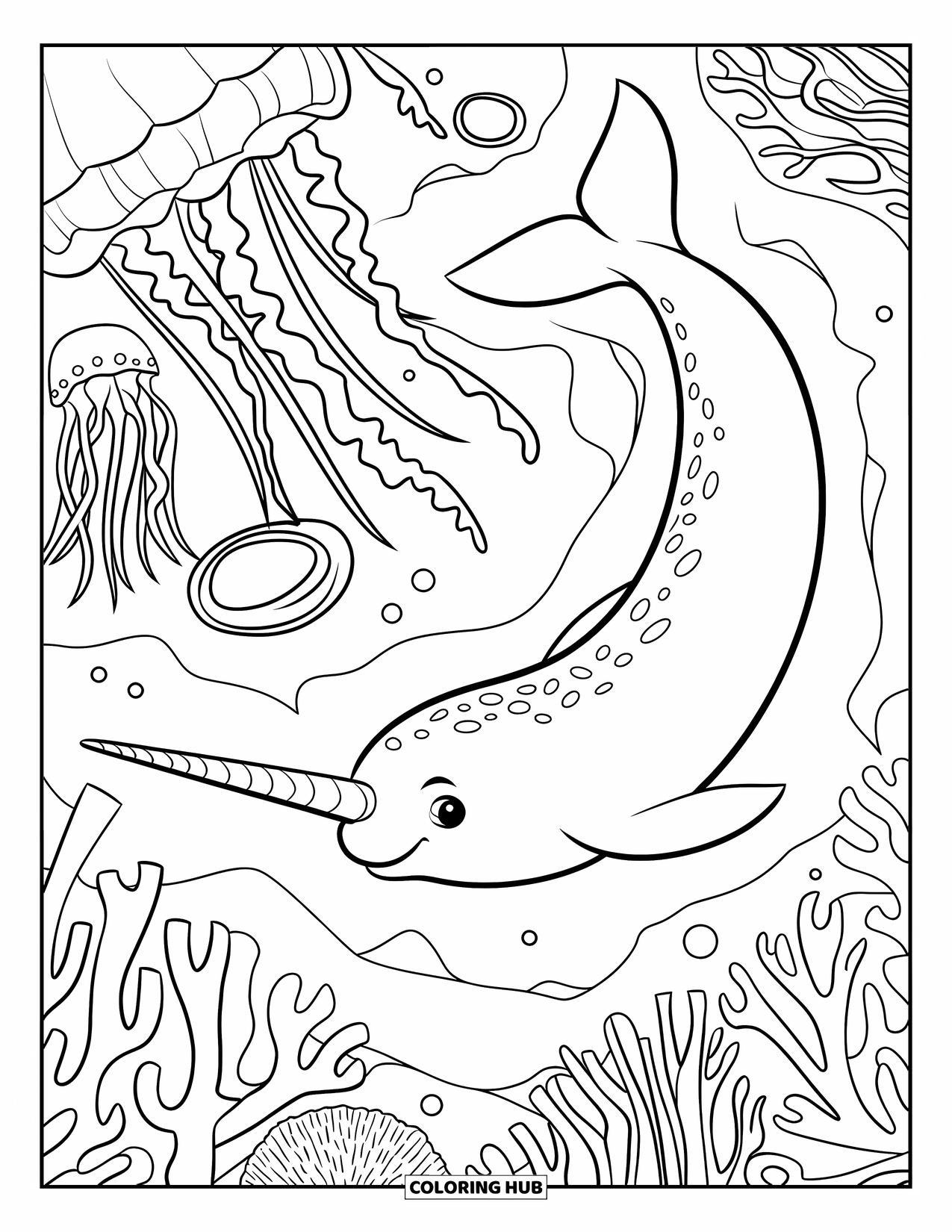 Narwhal Coloring Page for Kids: A narwhal glides through coral forest while jellyfish drift overhead