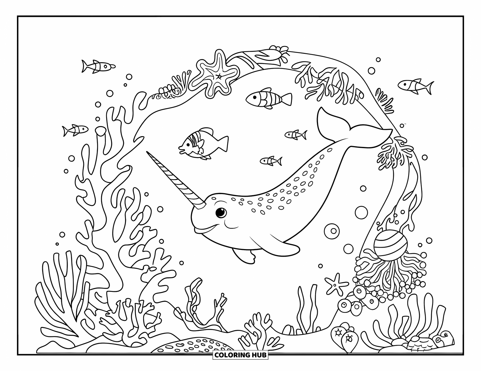 Narwhal Coloring Page for Kids: A narwhal looks through a coral arch surrounded by fish, starfish, and sea life