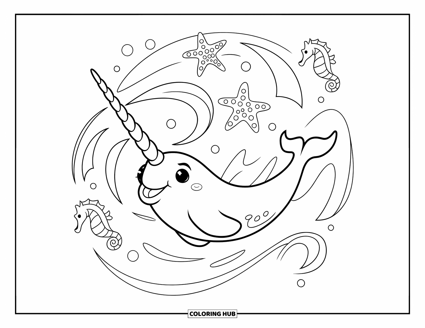 Narwhal Coloring Page for Kids: A narwhal relaxes in a swirling current full of starfish and seahorses