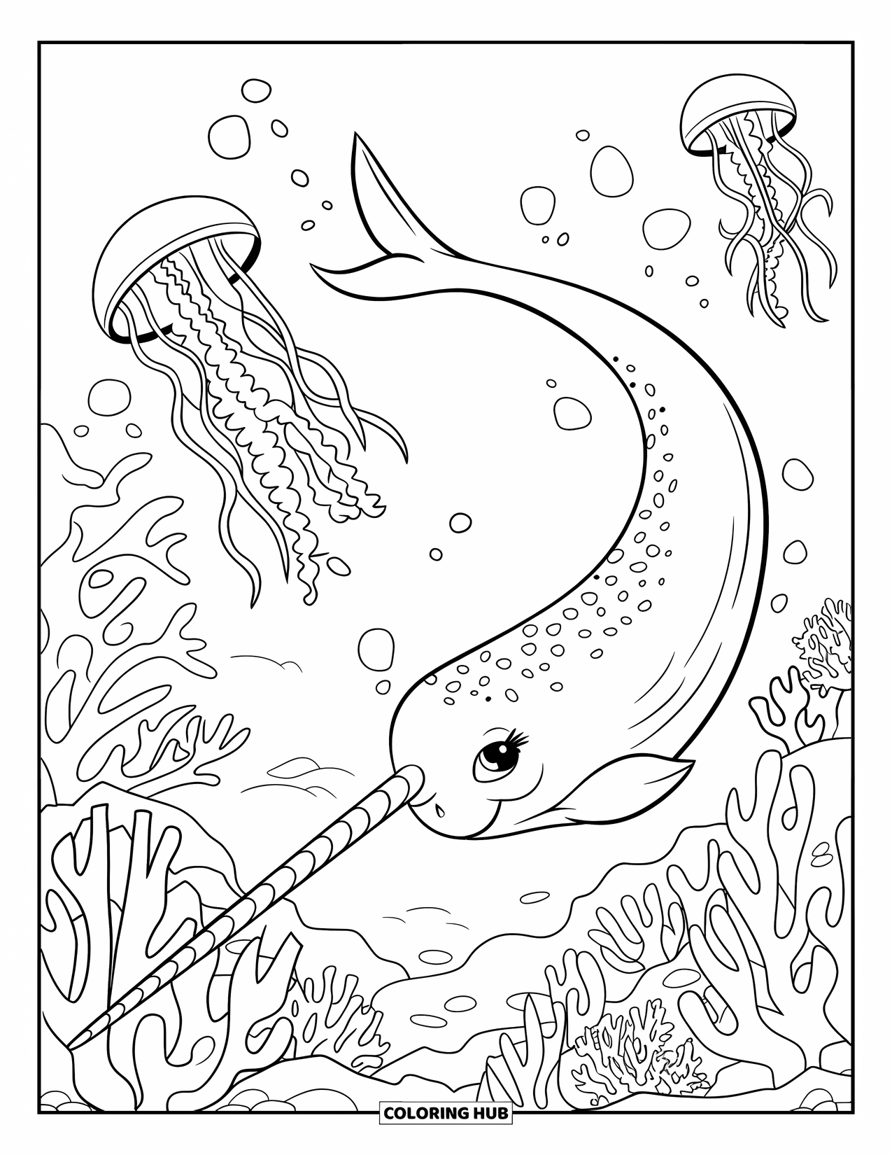 Narwhal Coloring Page for Kids: A narwhal swims gracefully through coral with jellyfish lighting the ocean above