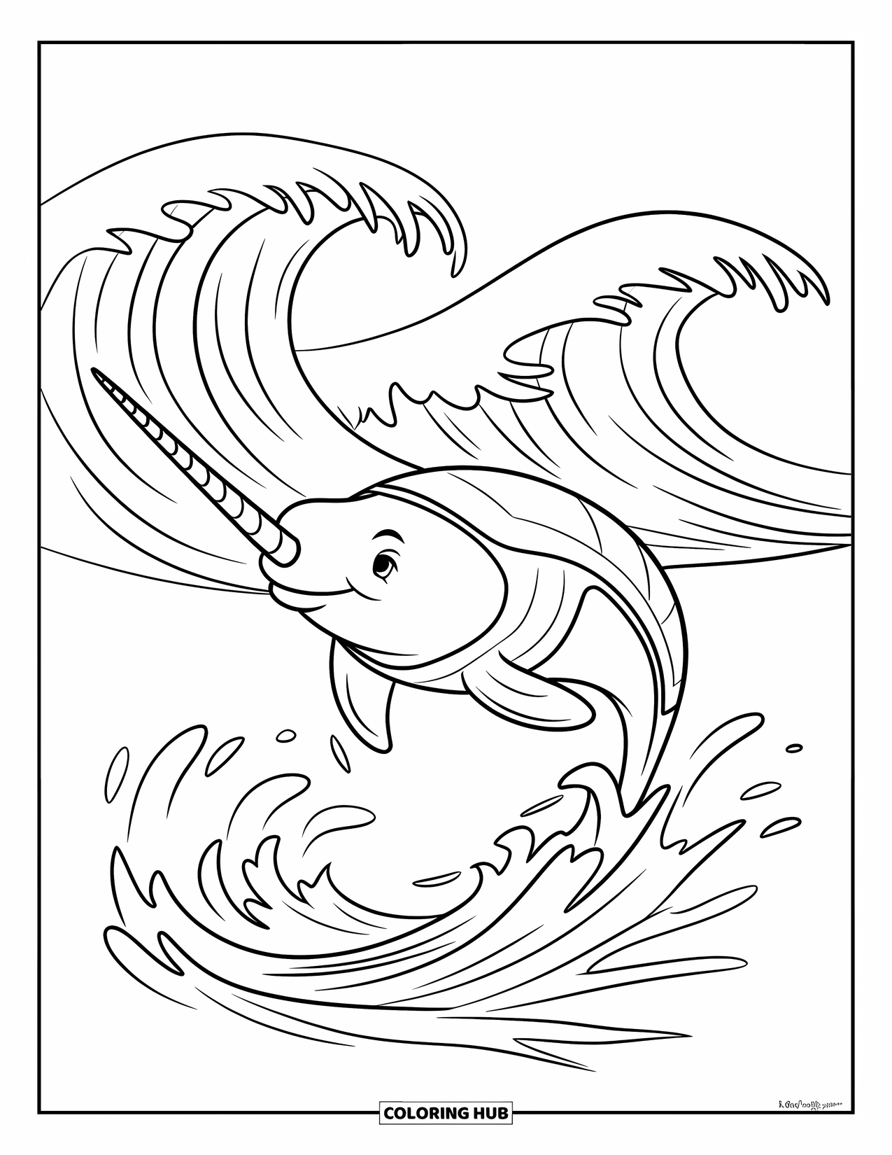 Narwhal Coloring Page for Kids: A narwhal wearing a vest jumps high, leaving foamy spiral waves behind