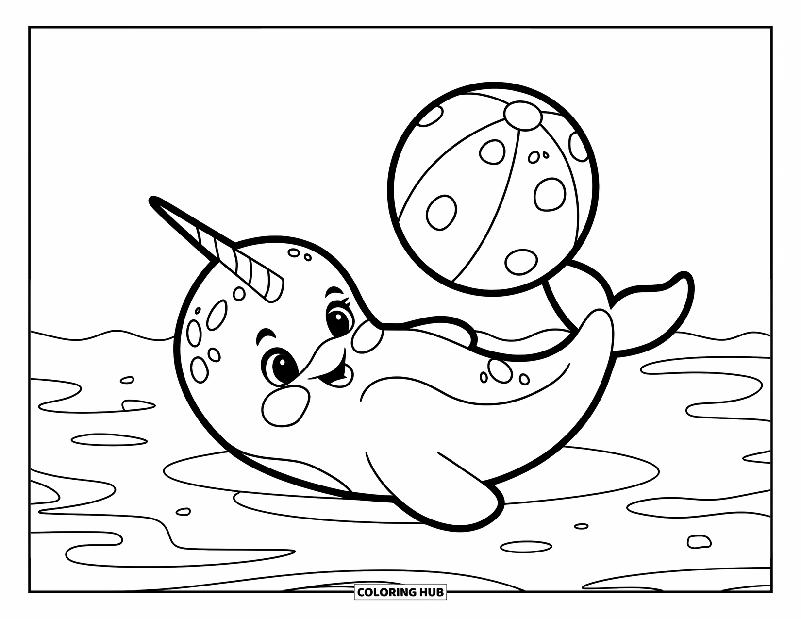 Narwhal Coloring Page for Kids: A narwhal with a long tusk floats on its back, bouncing a beach ball