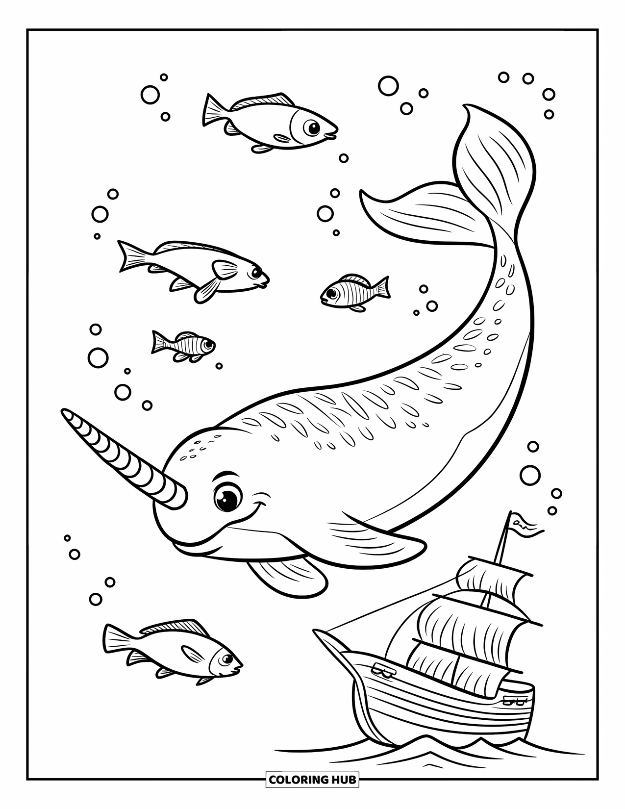 Narwhal Coloring Page for Kids: A narwhal with a spiral tusk explores a tiny shipwreck surrounded by curious fish