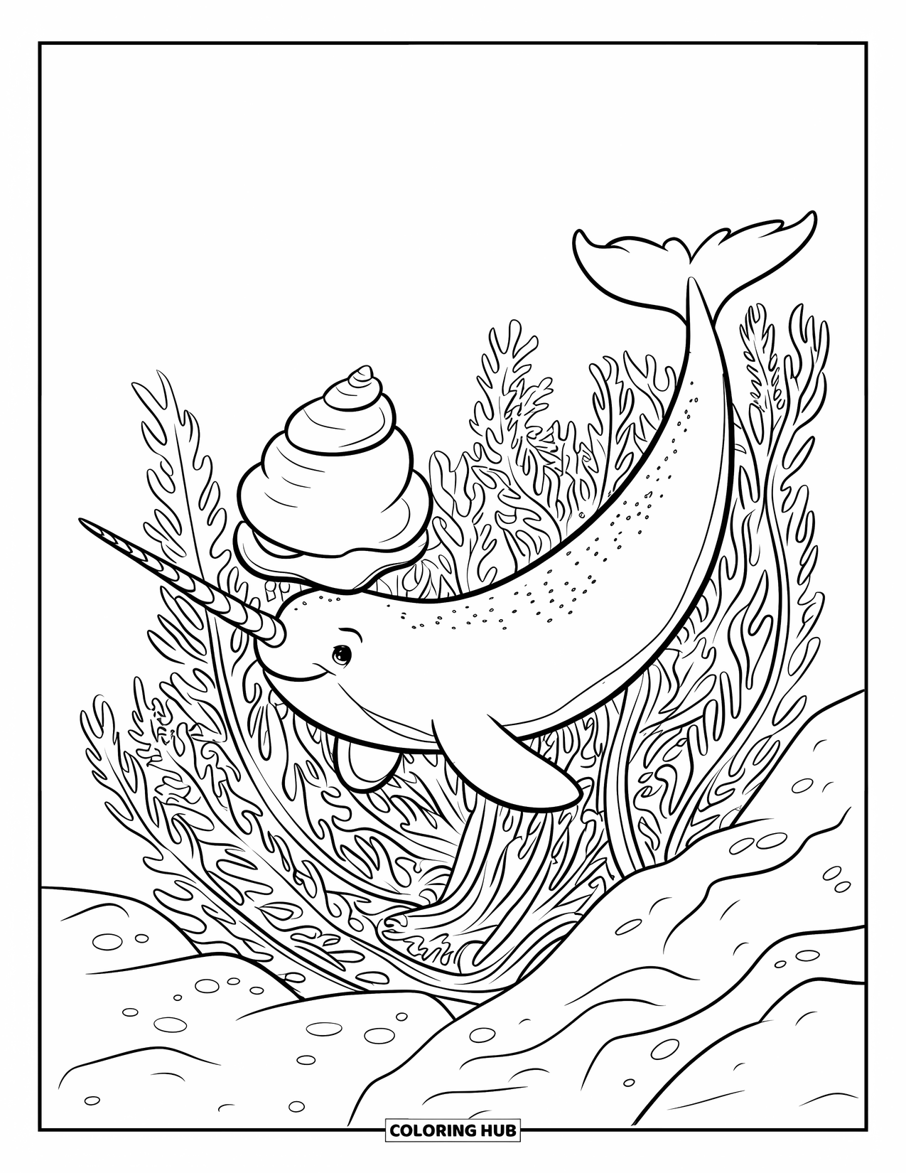 Narwhal Coloring Page for Kids: A narwhal with a spiral tusk swims through dense seaweed, nose high with a seashell