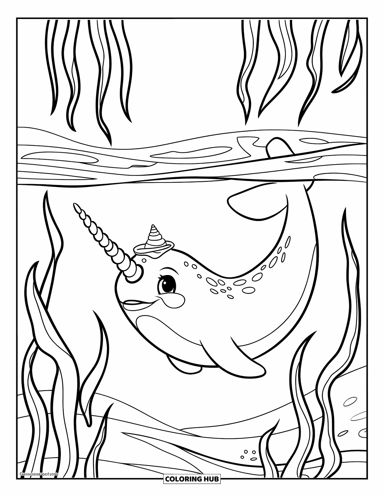 Narwhal Coloring Page for Kids: A narwhal with a tiny hat swims through seaweed and gentle ocean waves
