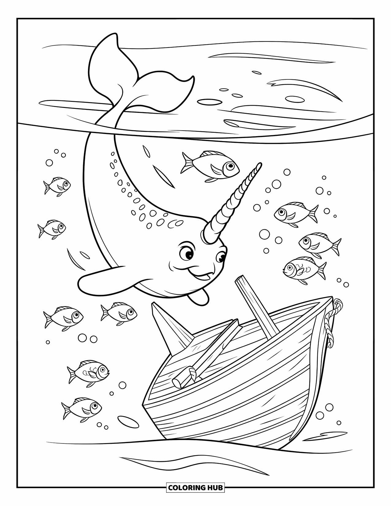 Narwhal Coloring Page for Kids: A narwhal with wide eyes swims near a shipwreck as fish float nearby