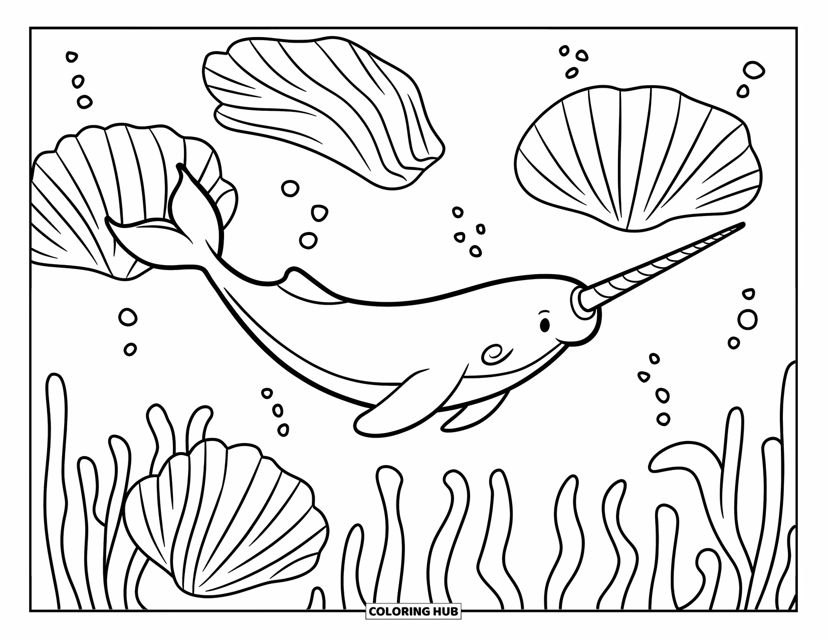 Narwhal Coloring Page for Kids: A simple narwhal glides past seashells and seaweed in a peaceful underwater scene