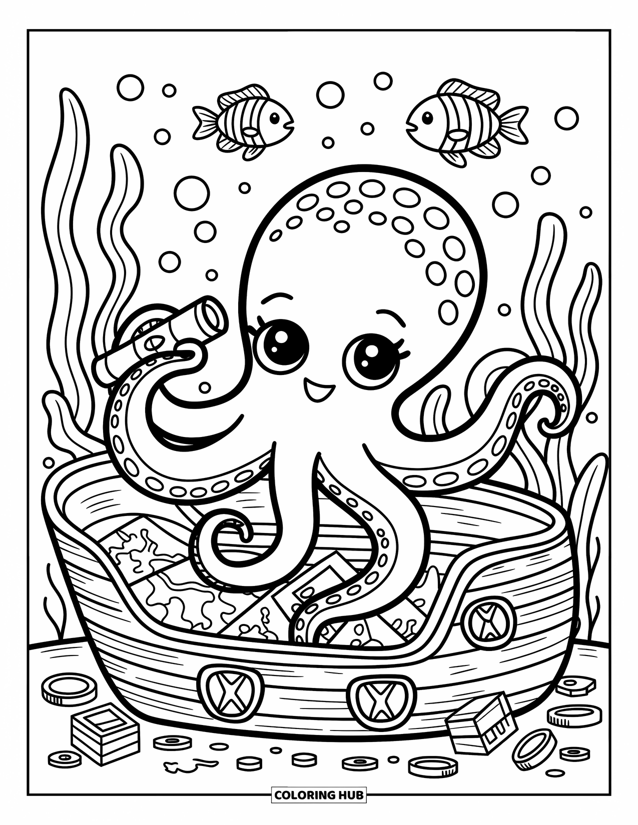 Octopus Coloring Page for Adults: A curious octopus explores a sunken ship full of treasures and shiny gems