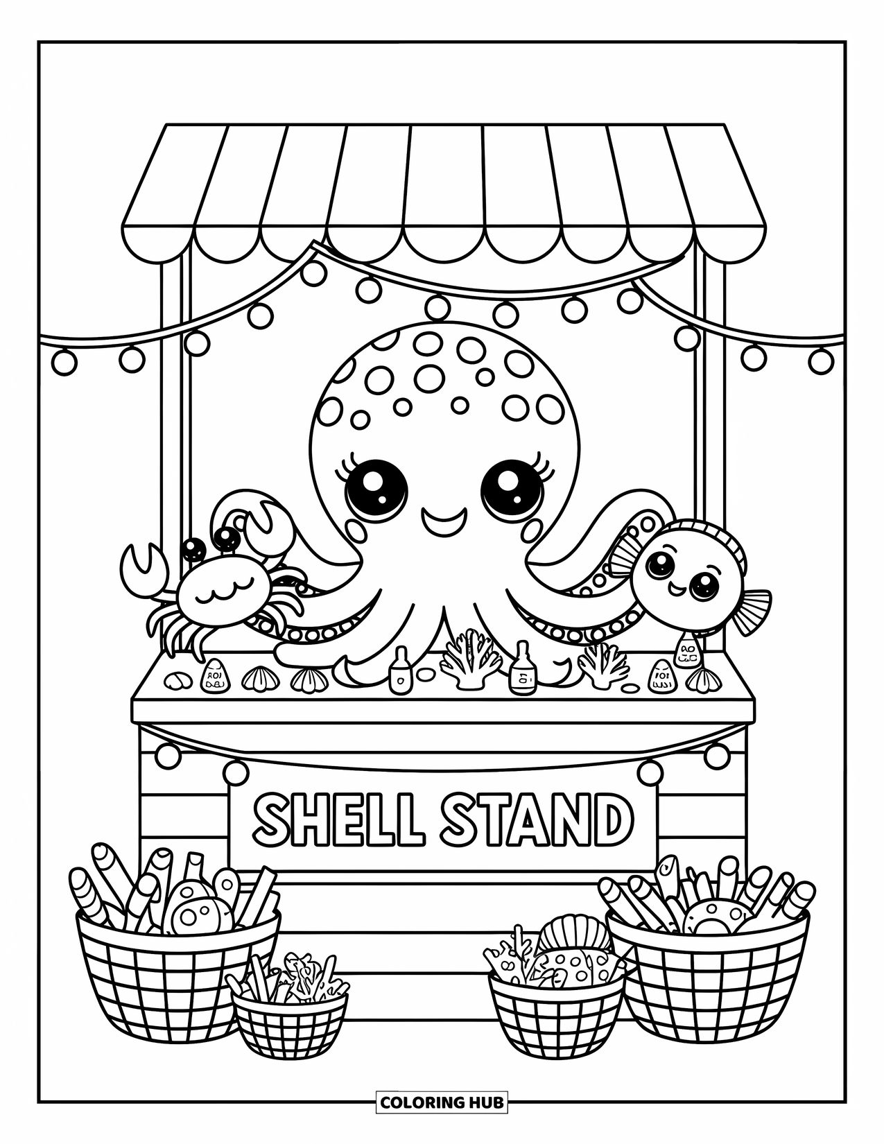 Octopus Coloring Page for Adults: A friendly octopus runs a treasure stall with string lights and playful sea creatures