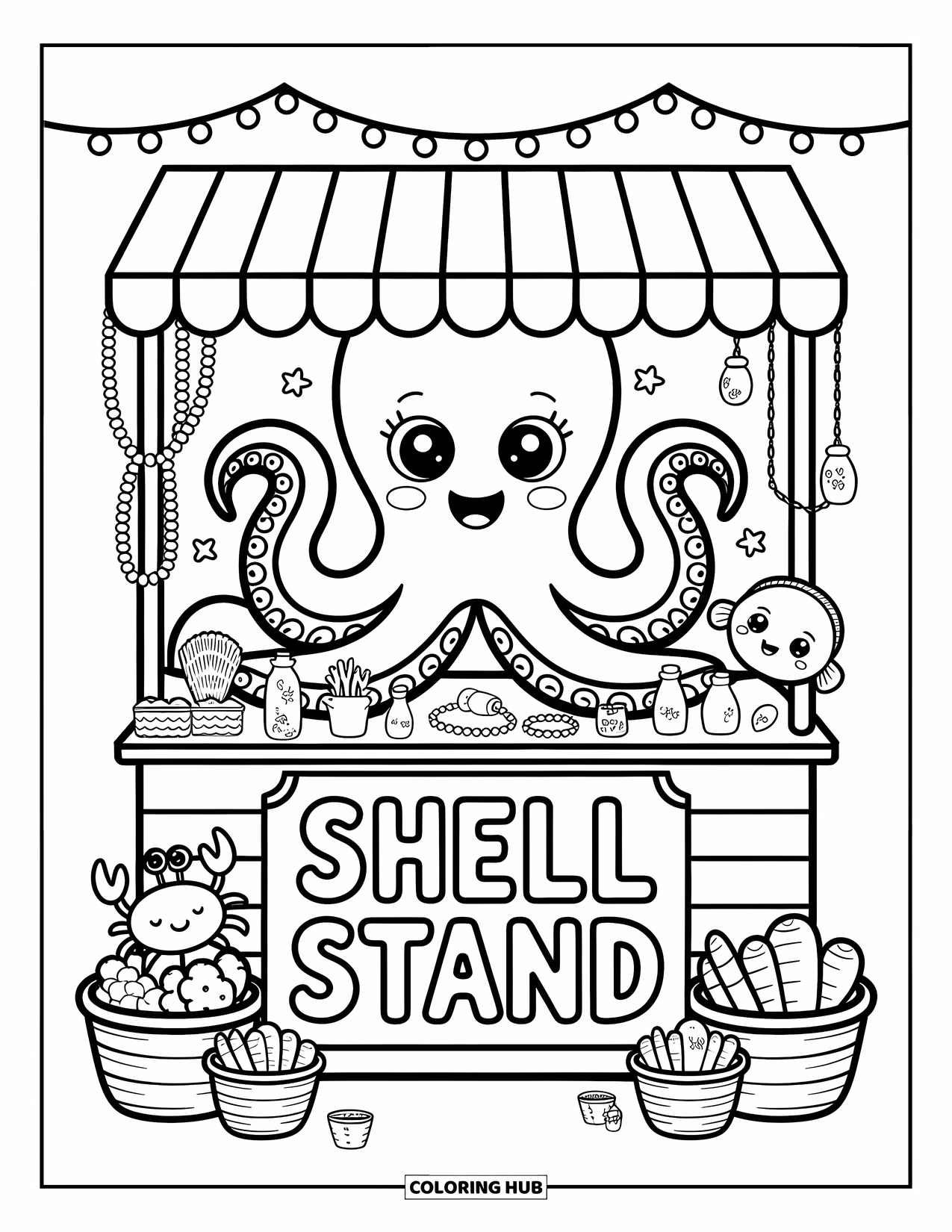 Octopus Coloring Page for Adults: A smiling octopus runs a "Shell Stand" filled with tiny treasures and sea friends
