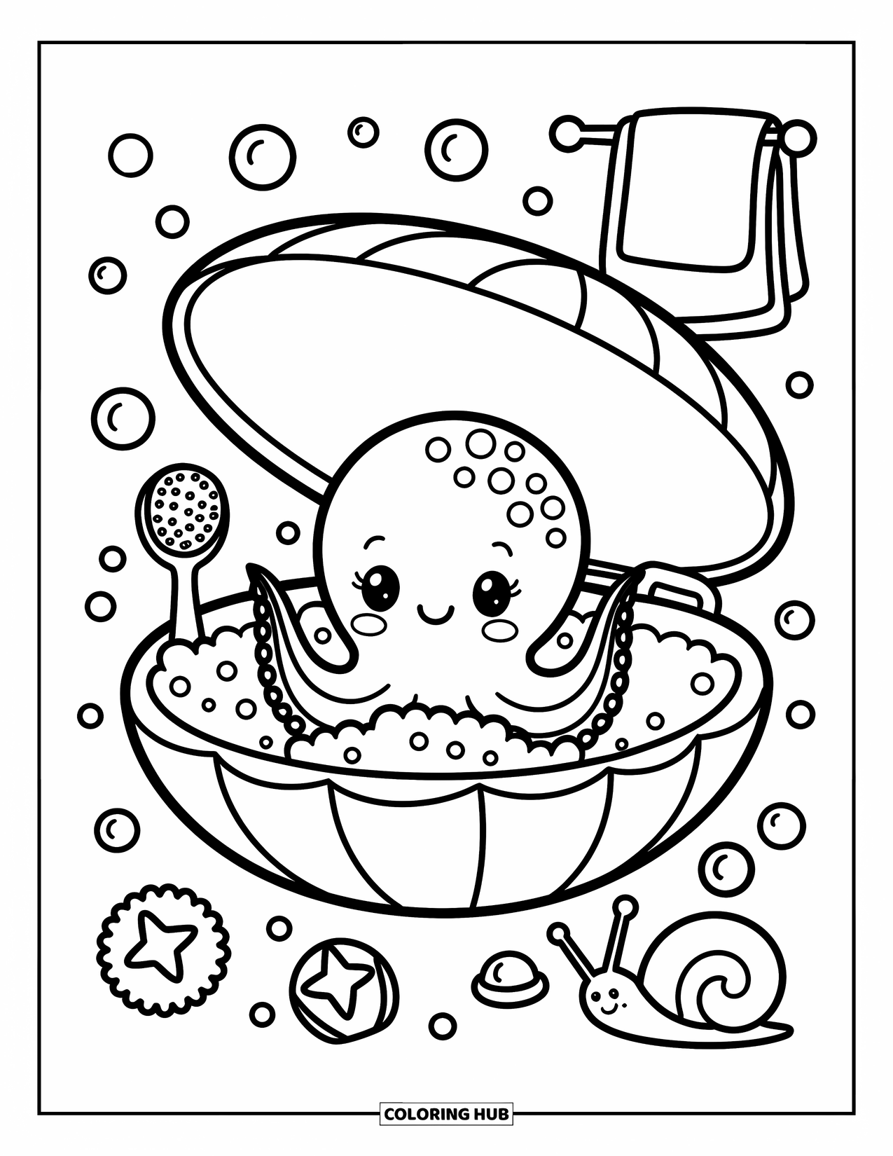 Octopus Coloring Page for Adults: An octopus enjoys a bubbly bath with a sponge, bath bombs, and sea snail