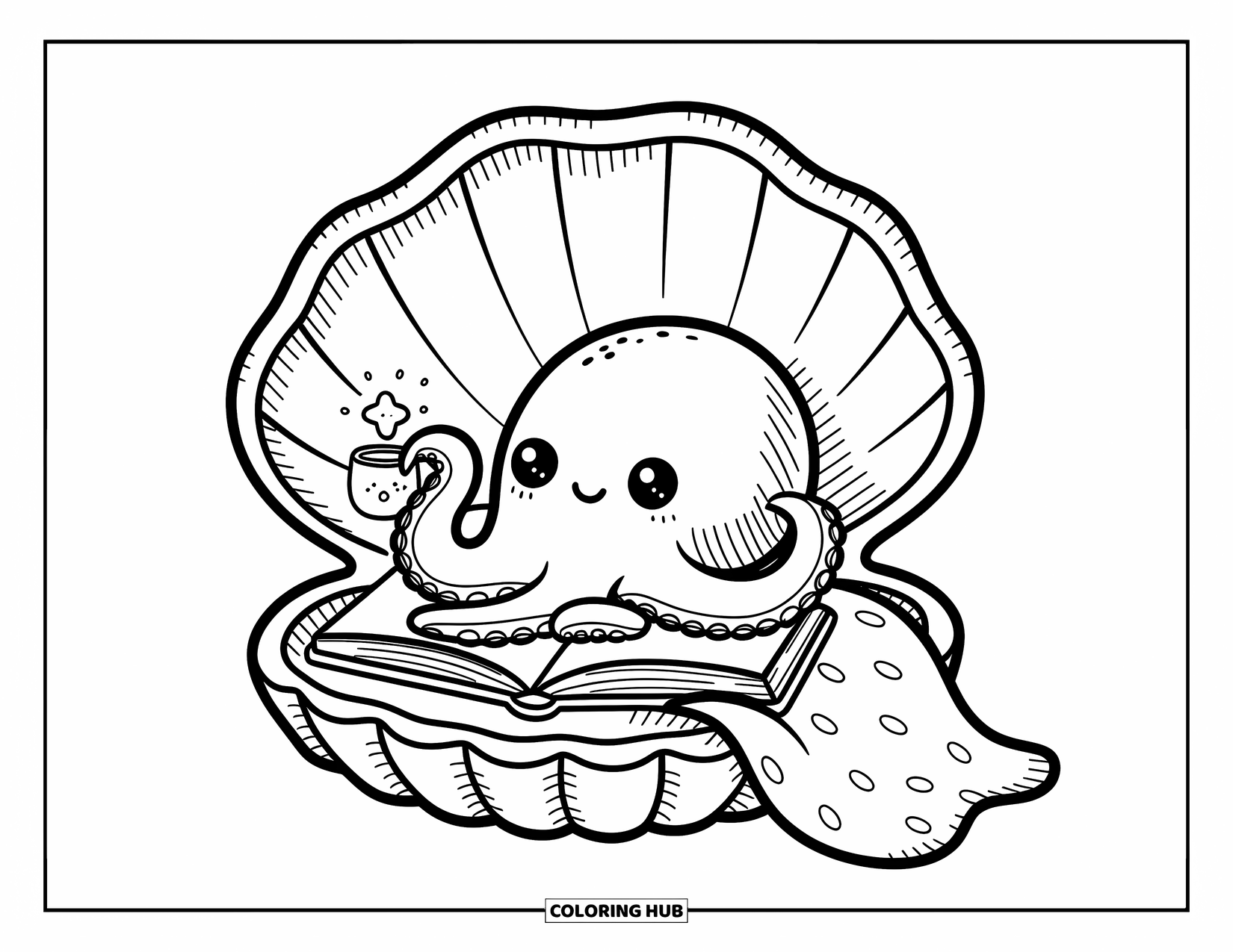 Octopus Coloring Page for Adults: An octopus reads a storybook in bed under a cozy ocean blanket