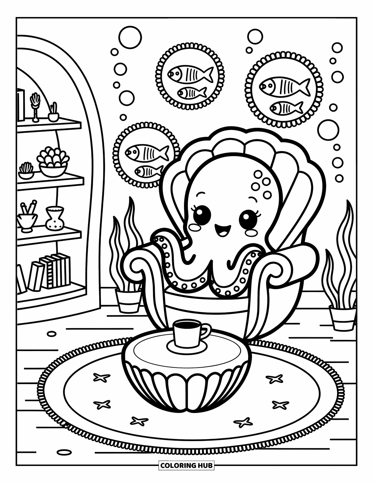 Octopus Coloring Page for Adults: An octopus relaxes in a seashell chair surrounded by books, bubbles, and teacups