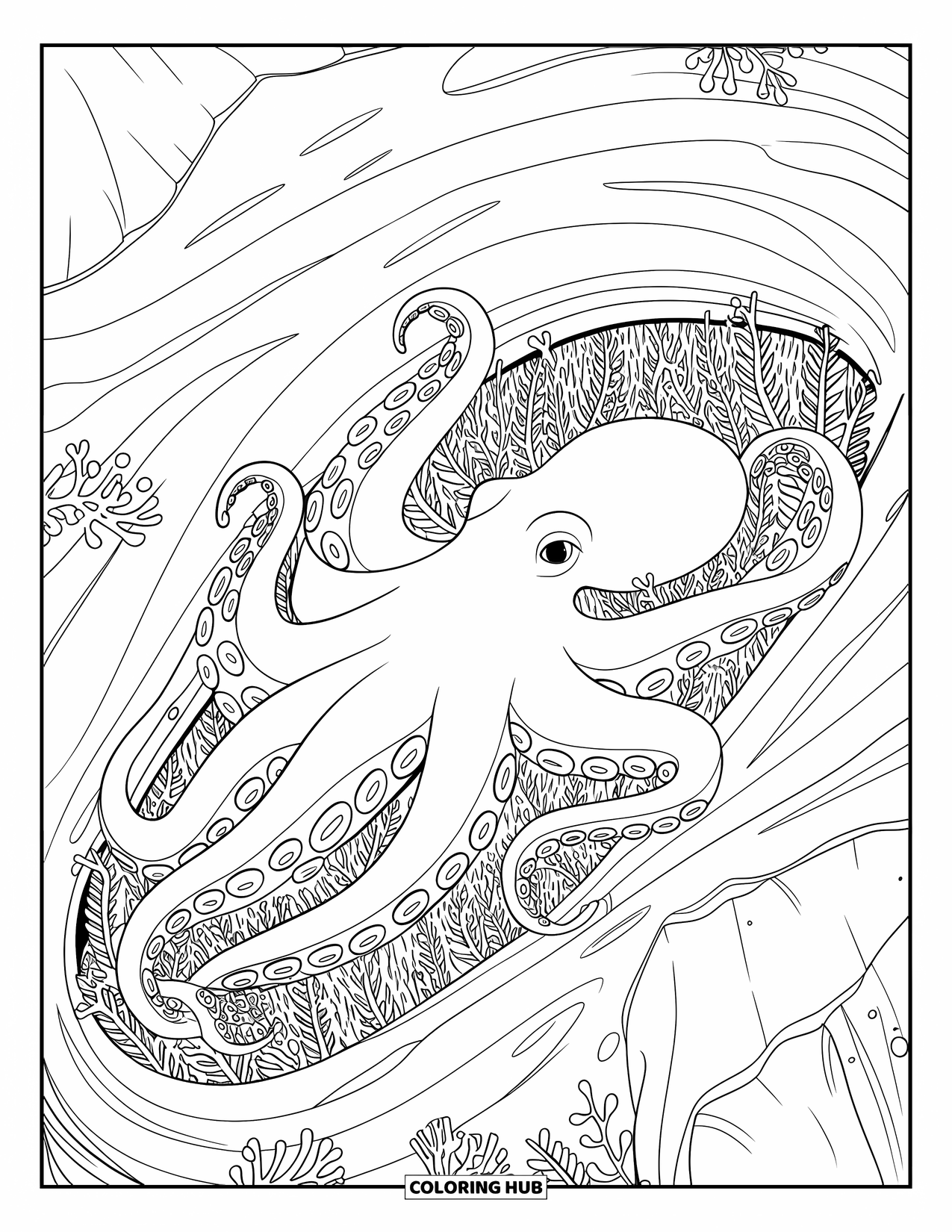 Octopus Coloring Page for Adults: An octopus swims through sea plants with tiny bubbles and gentle curves all around