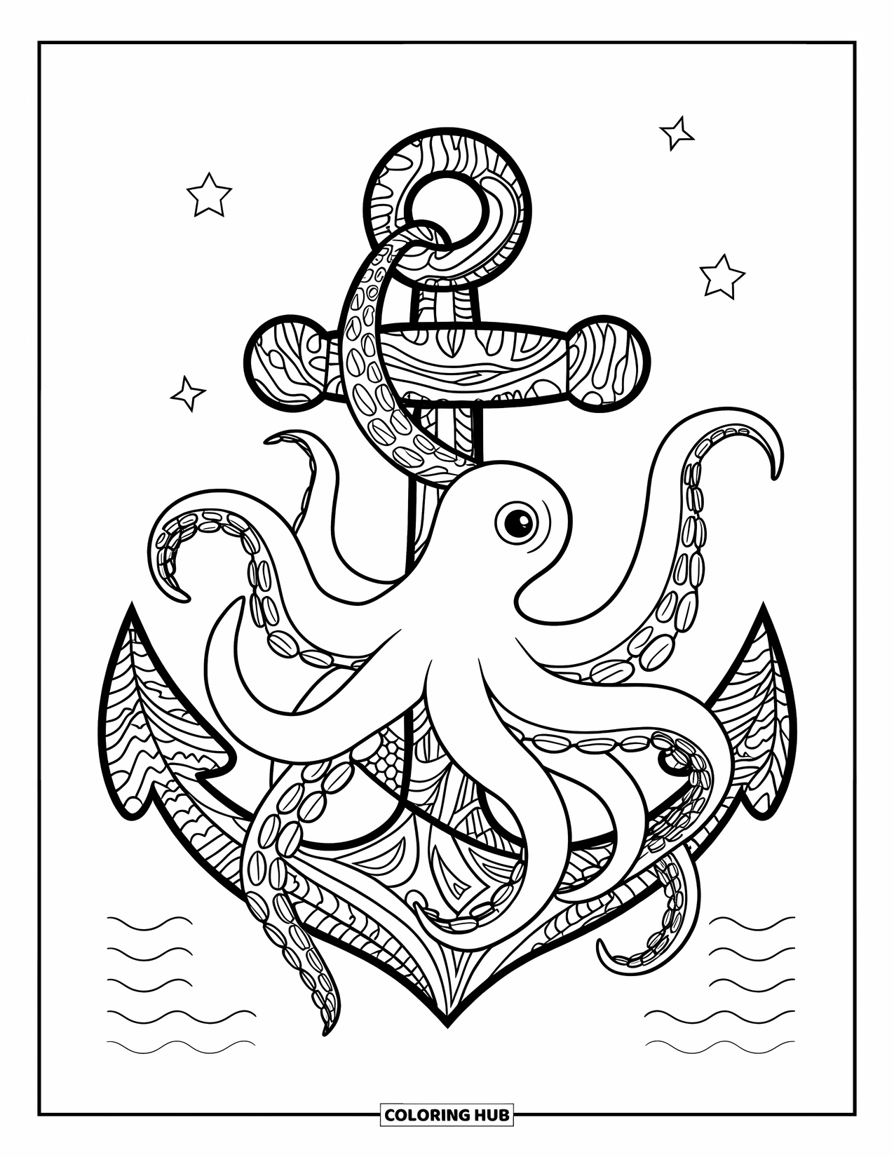 Octopus Coloring Page for Adults: An octopus wraps around a swirling anchor design with waves and patterned kelp