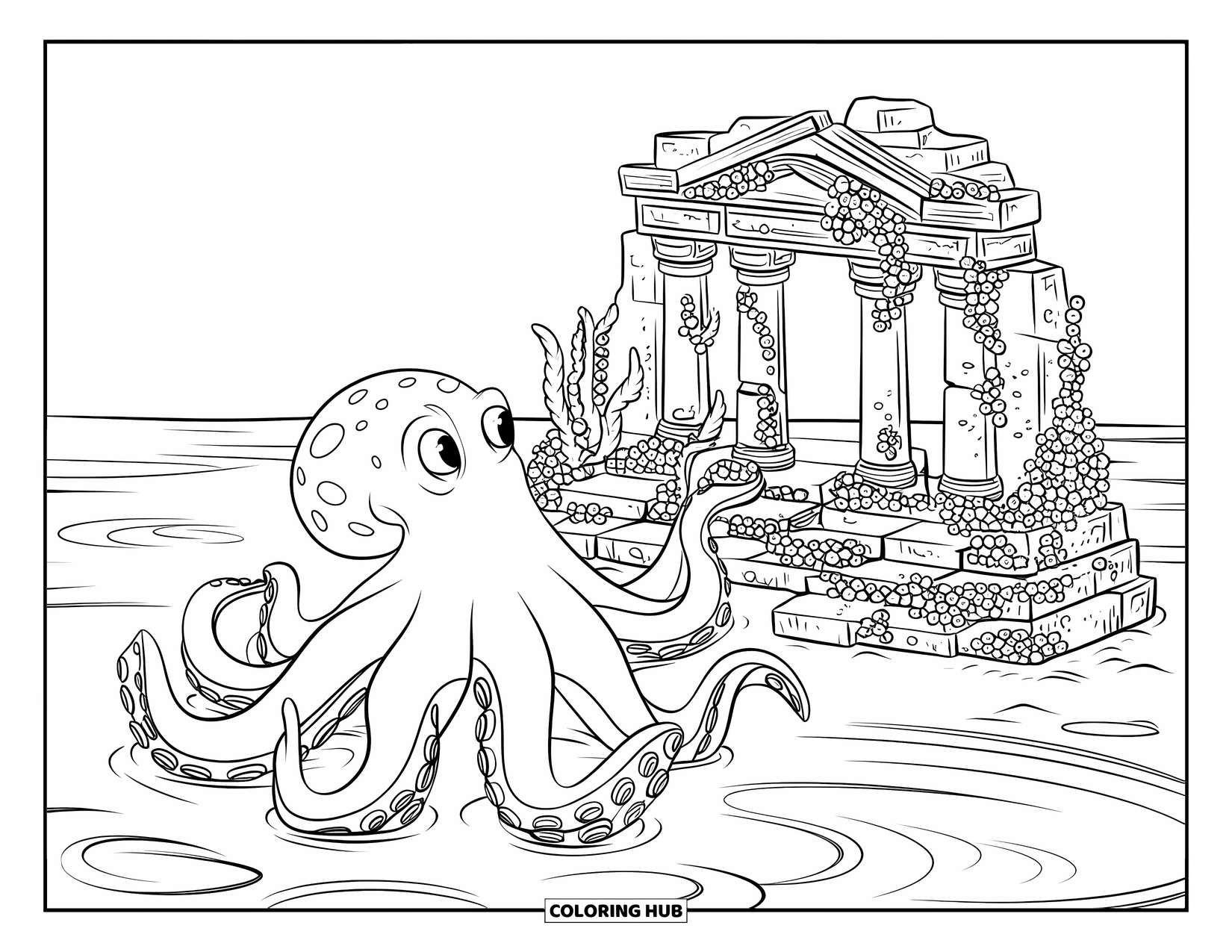 Octopus Coloring Page for Kids: Curious octopus discovering barnacle-covered ruins in the ocean depths