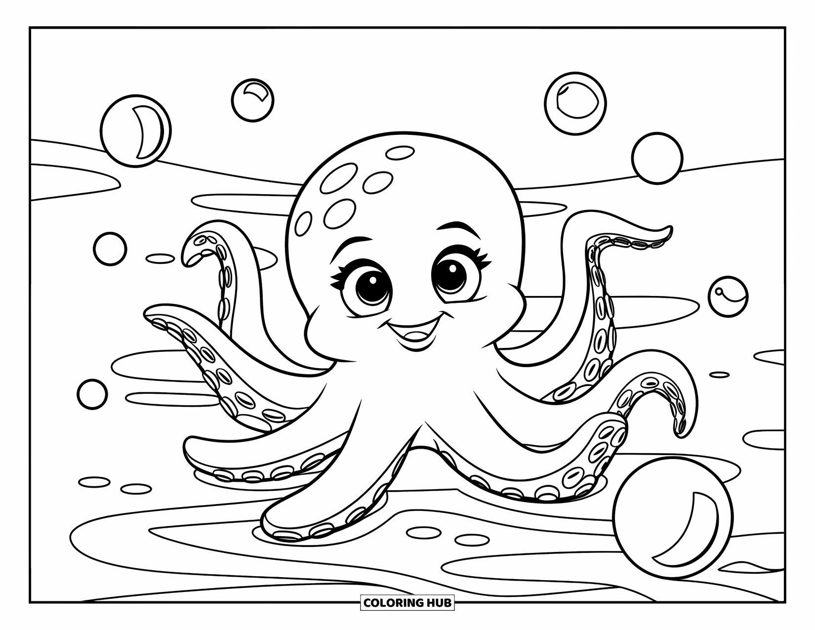 Octopus Coloring Page for Kids: Cute octopus waving with big eyes and friendly bubbles nearby