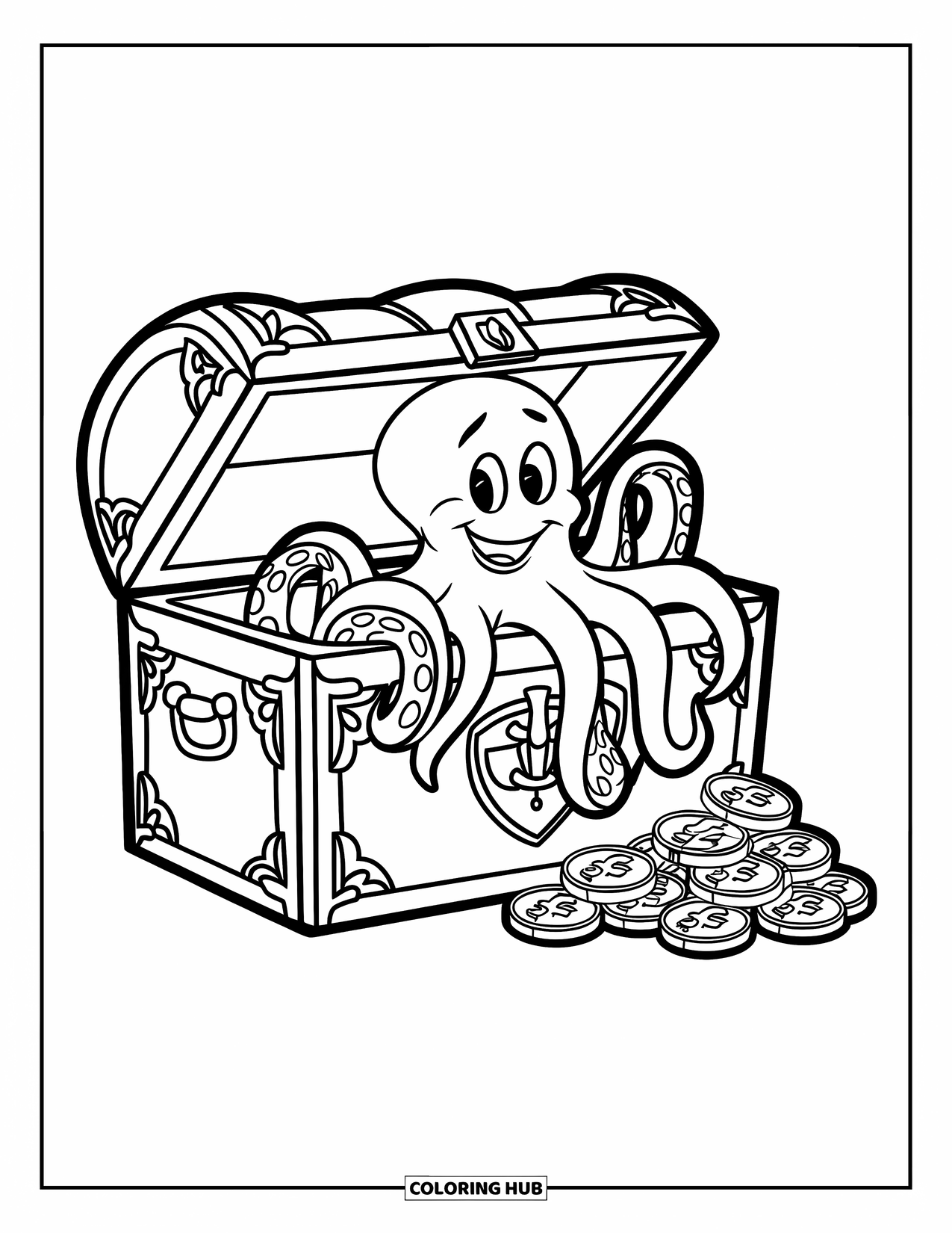 Octopus Coloring Page for Kids: Friendly octopus smiling from inside a decorated treasure chest