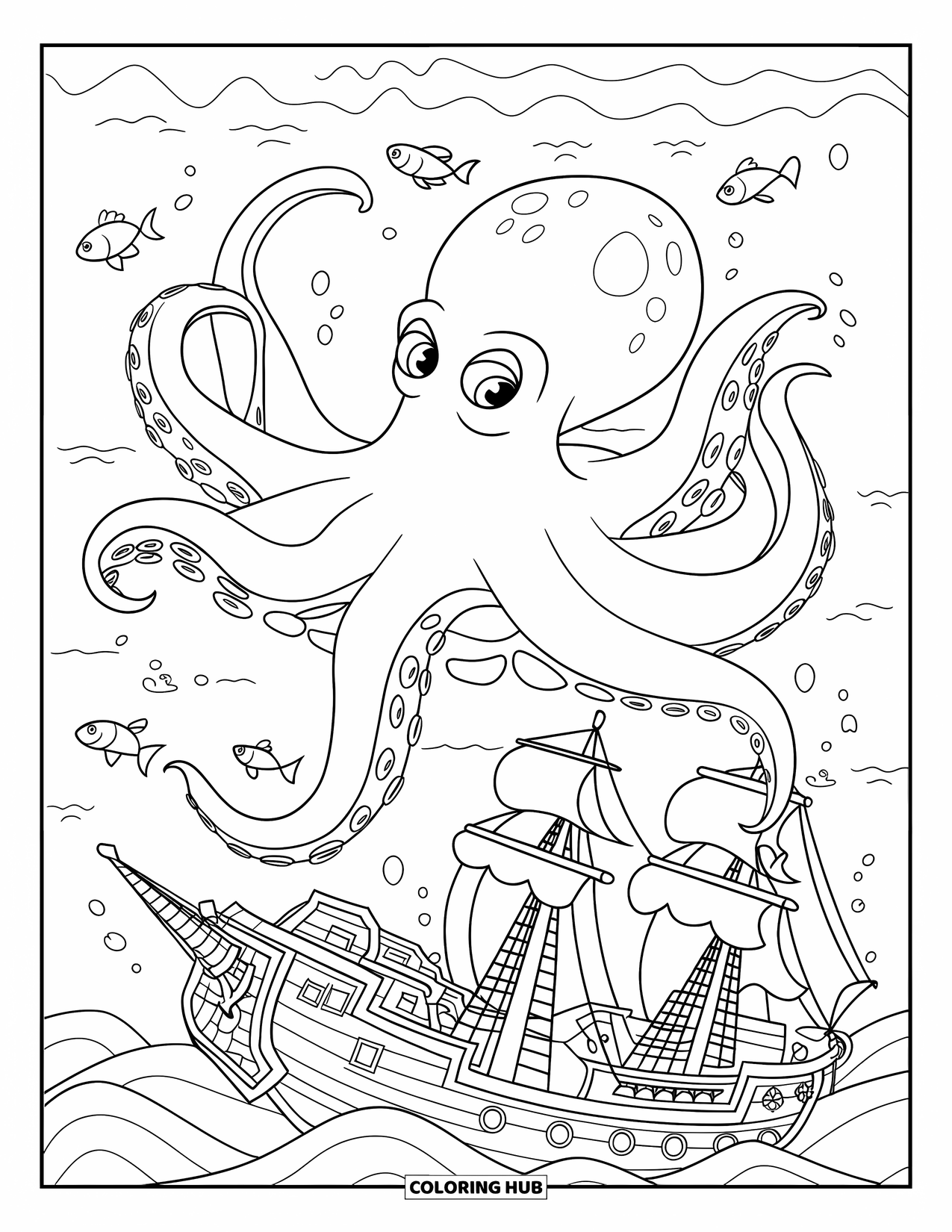 Octopus Coloring Page for Kids: Octopus drifting beside a sunken ship with sails and curious fish
