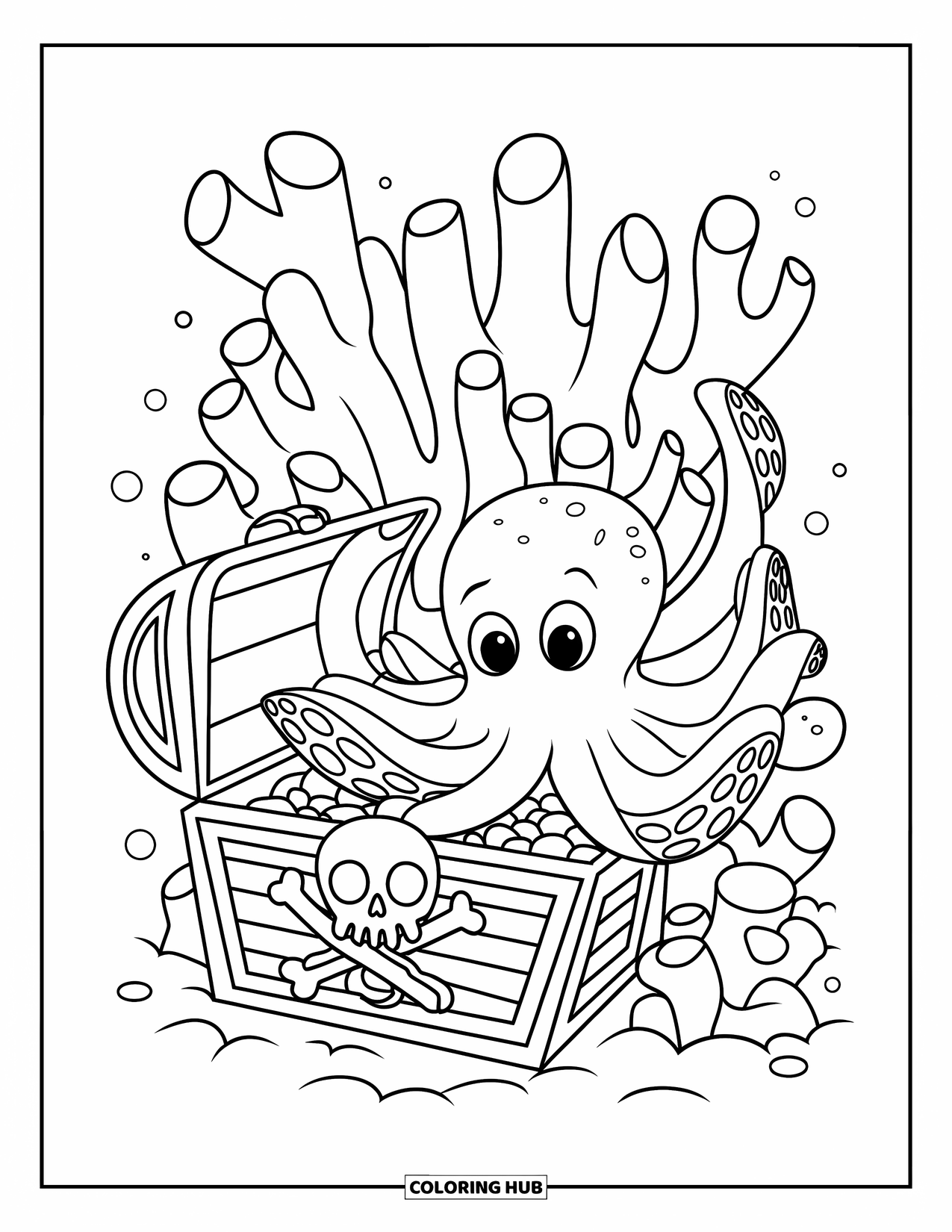 Octopus Coloring Page for Kids: Octopus finding a skull-marked chest among coral in the deep sea