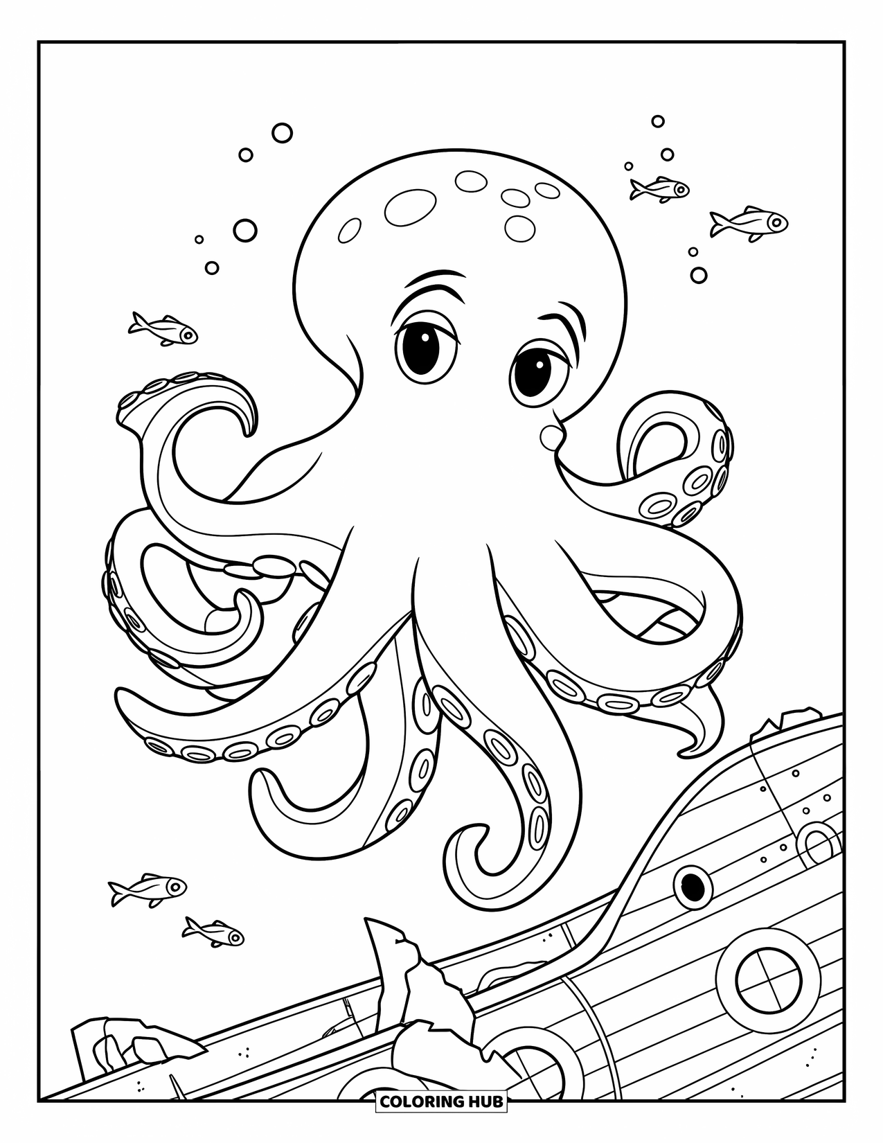 Octopus Coloring Page for Kids: Octopus floating near a sunken ship with fish swimming around