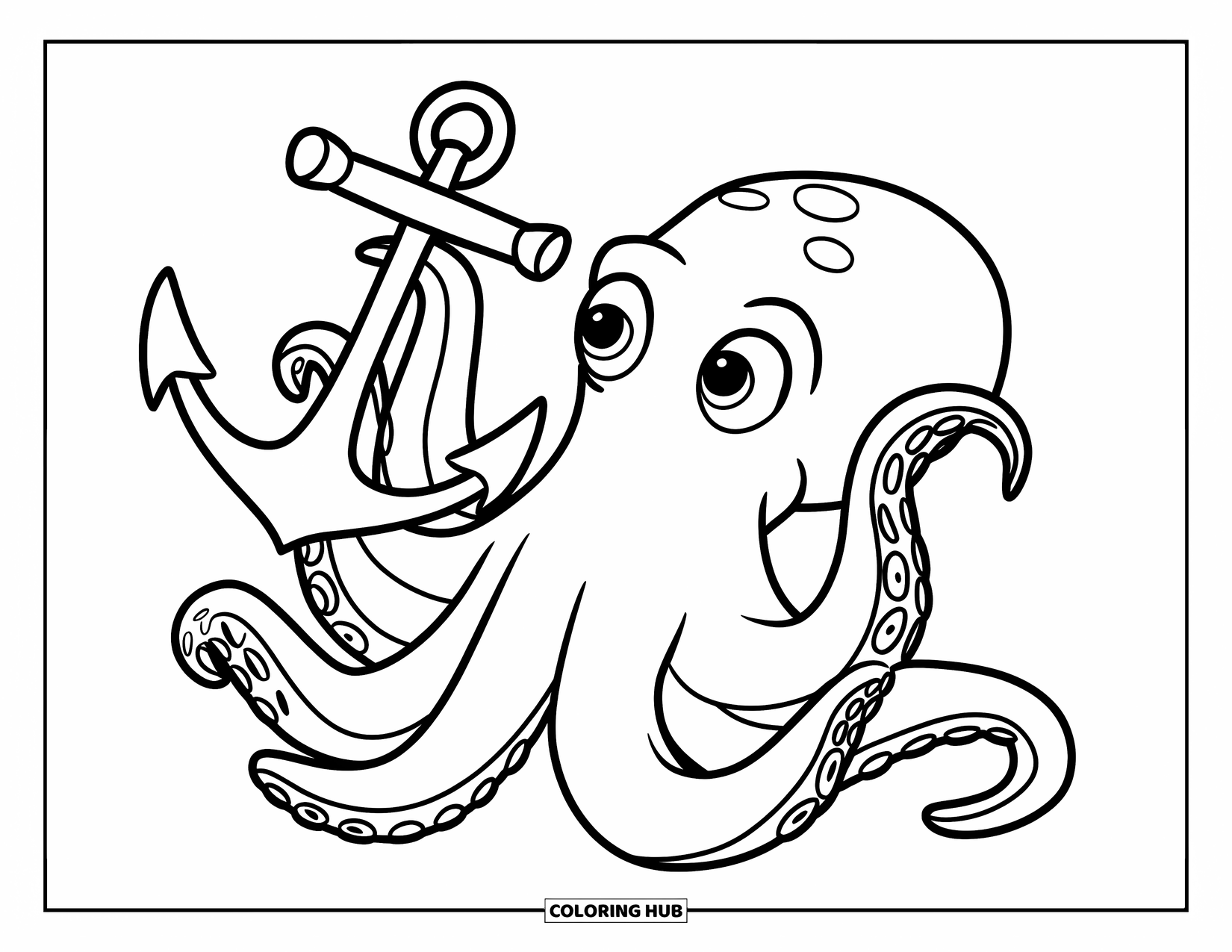 Octopus Coloring Page for Kids: Octopus grasping an anchor while its other arms hug a rock